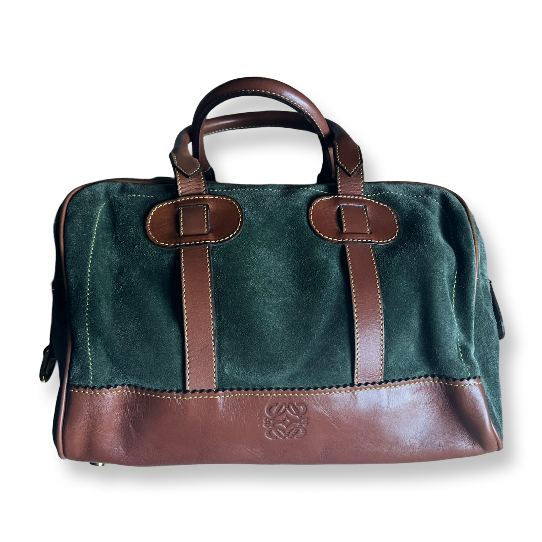 Old Loewe Authentic Brown Leather & suede green boston bag