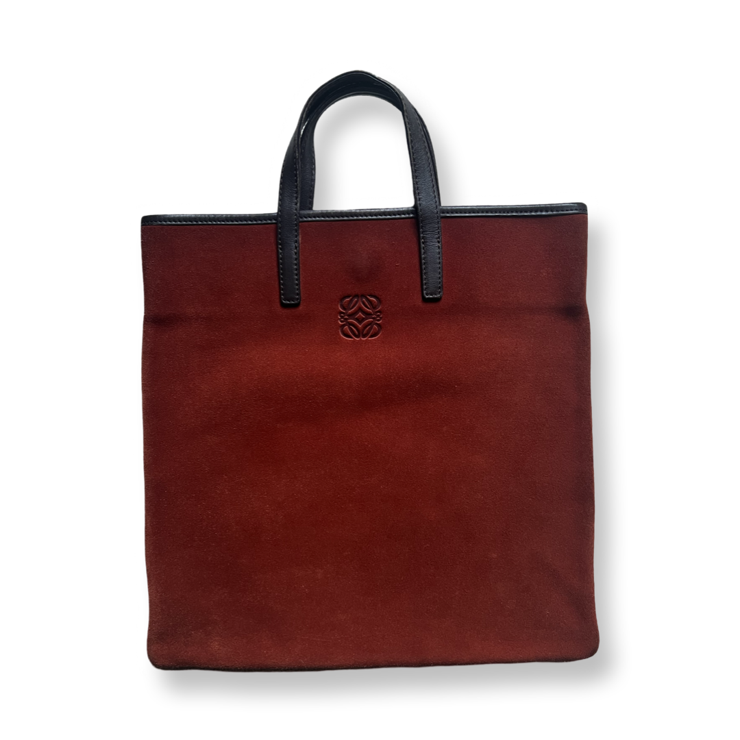 vintage loewe orange suede tote brown leather detail embossed anagram