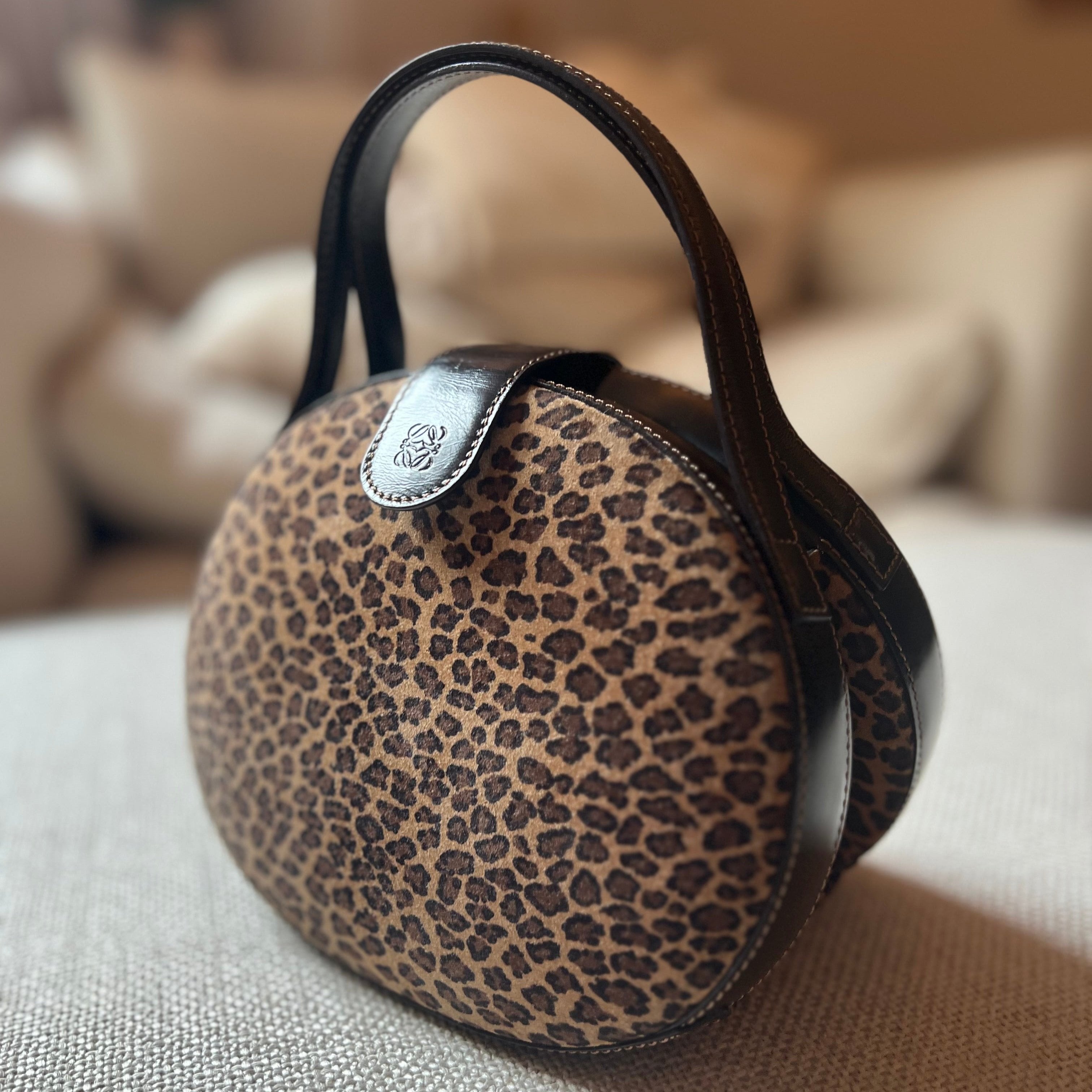 Old Loewe Suede Leopard Print Brown Handbag