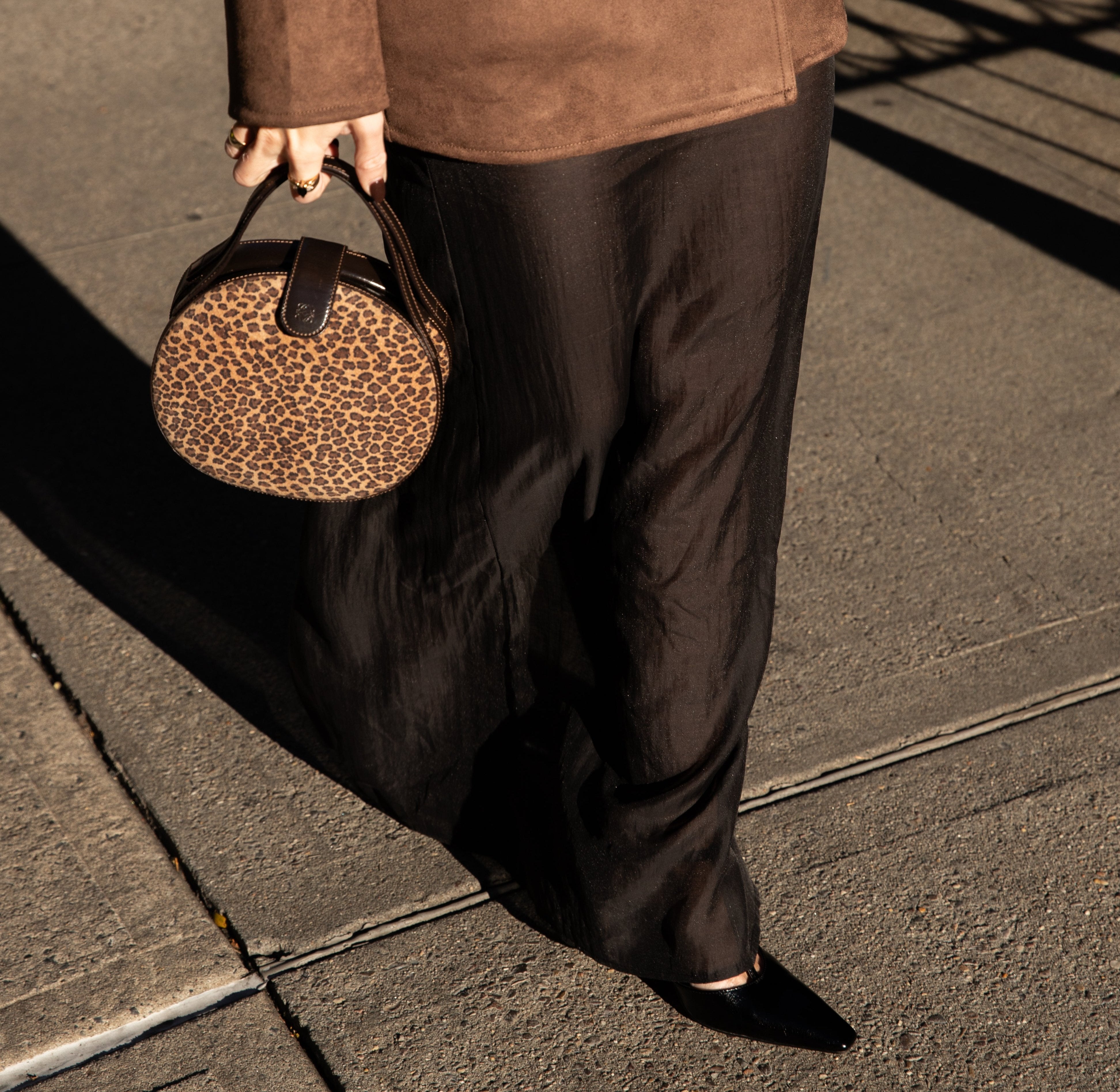 Retro Loewe Suede Leopard Brown Leather Round 2 way bag