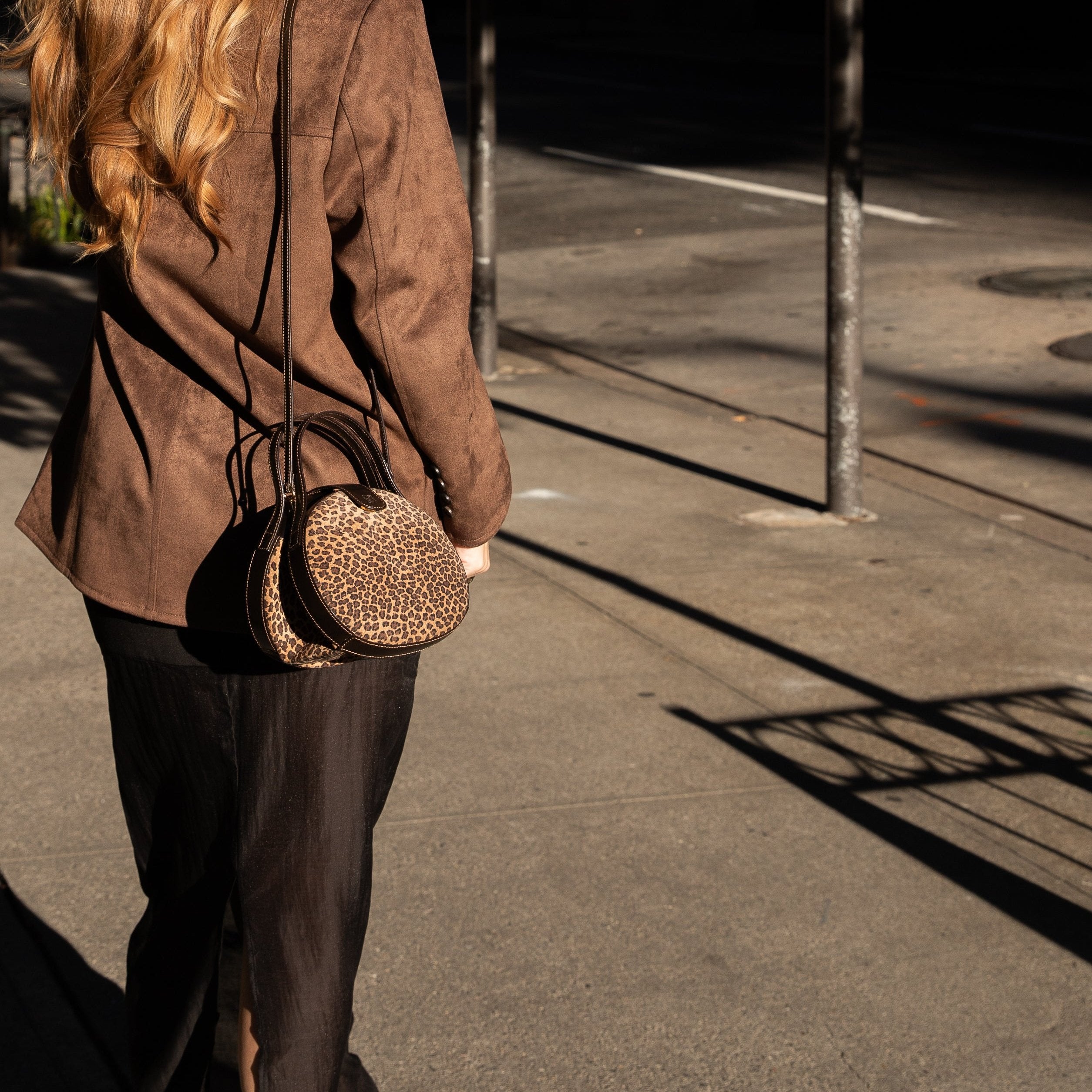 loewe leopard suede and brown leather round 2 way handbag