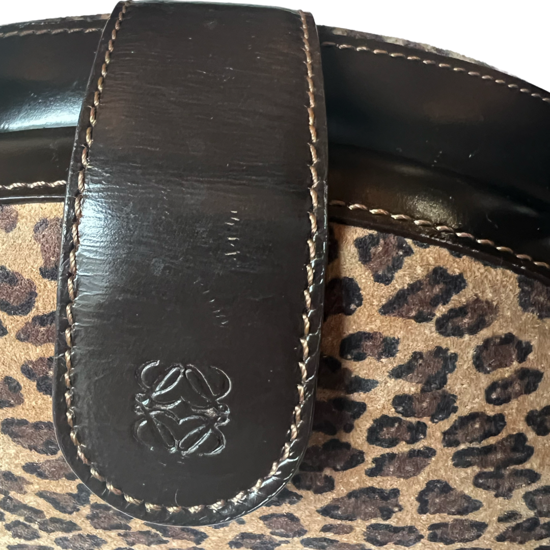 vintage loewe round mini trunk style handbag brown leopard