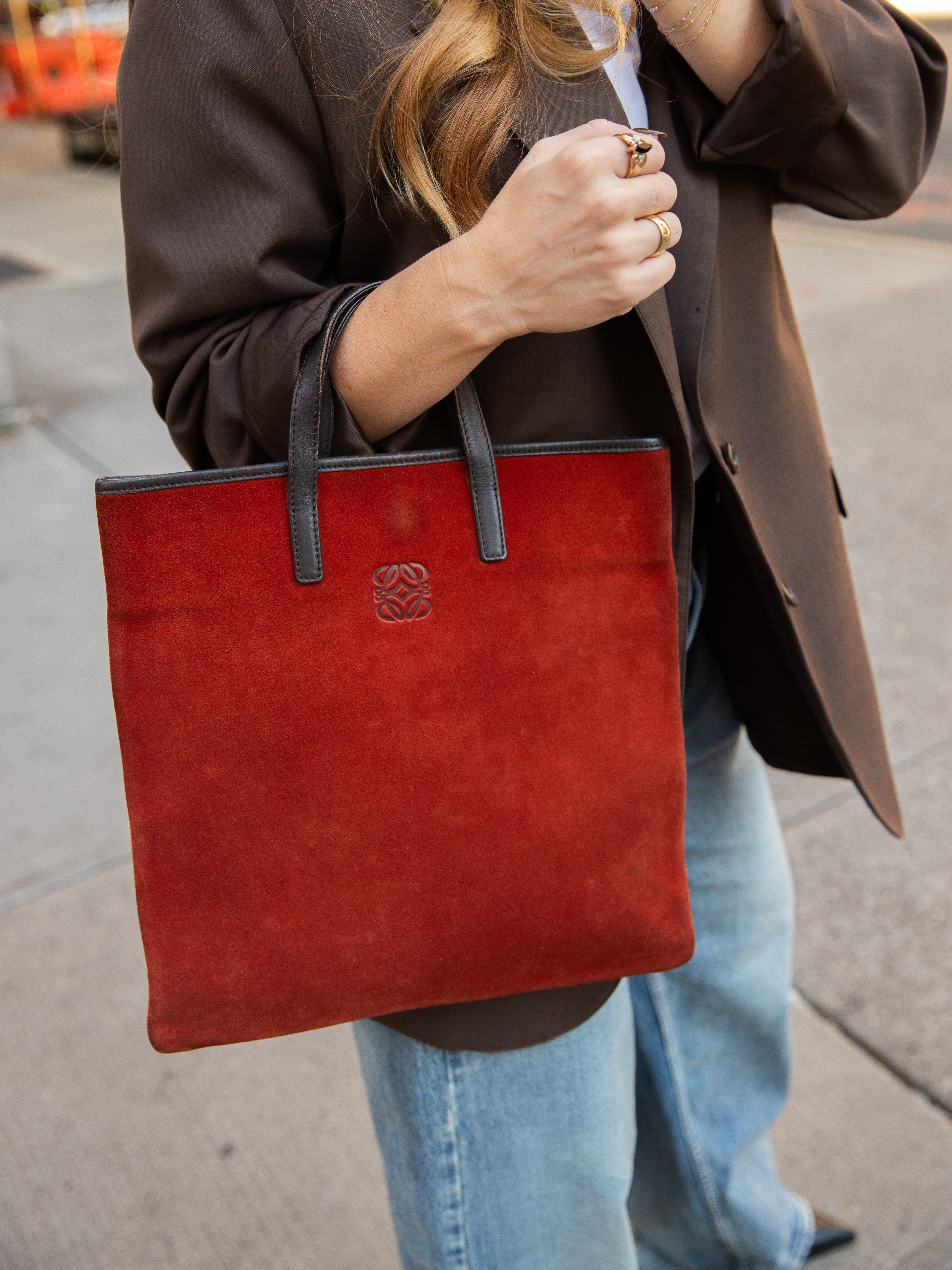Loewe old burnt orange suede brown leather small tote bag