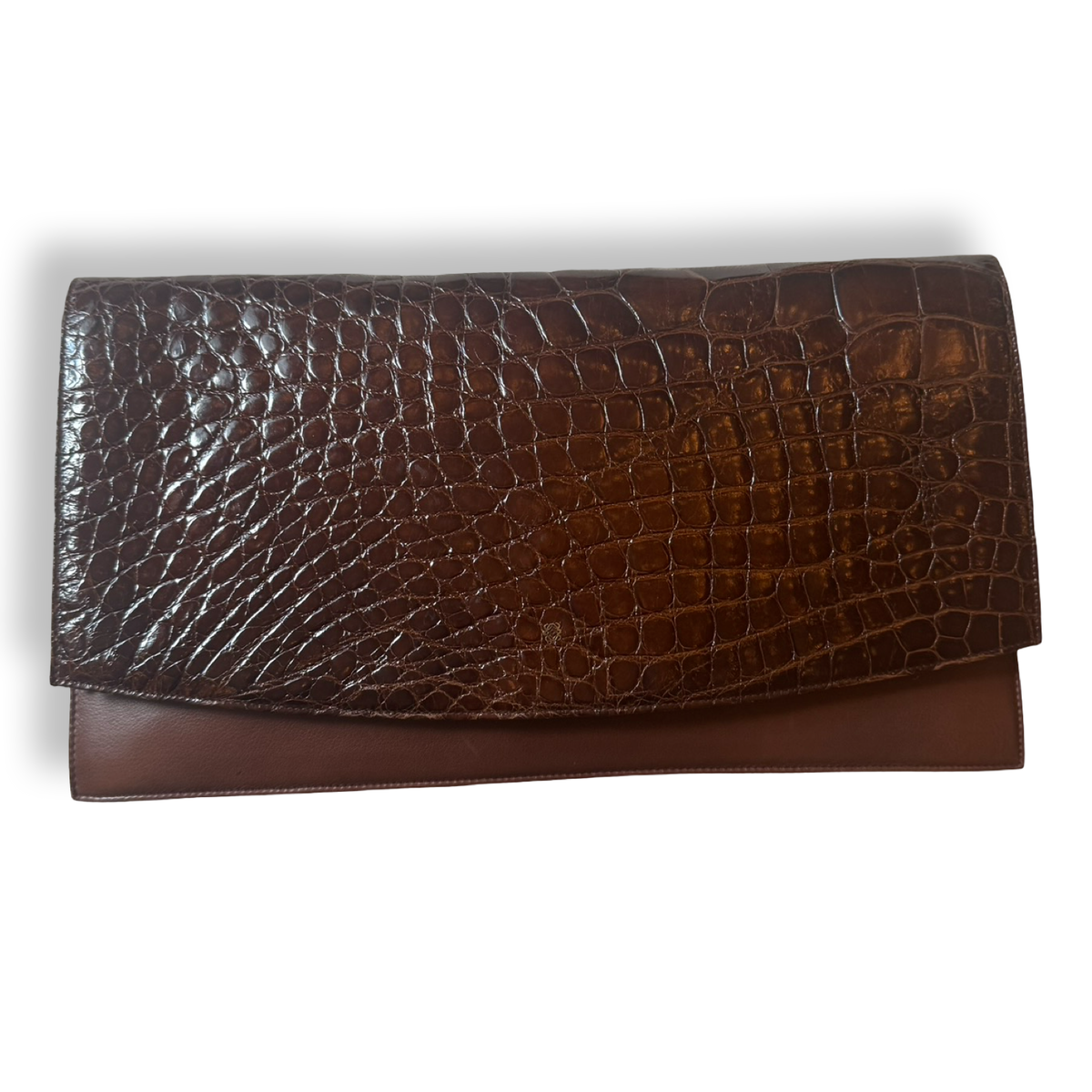 Loewe rare authentic crocodile and calfskin brown oversized clutch vintage late 1980s early 1990s from original Madrid boutique