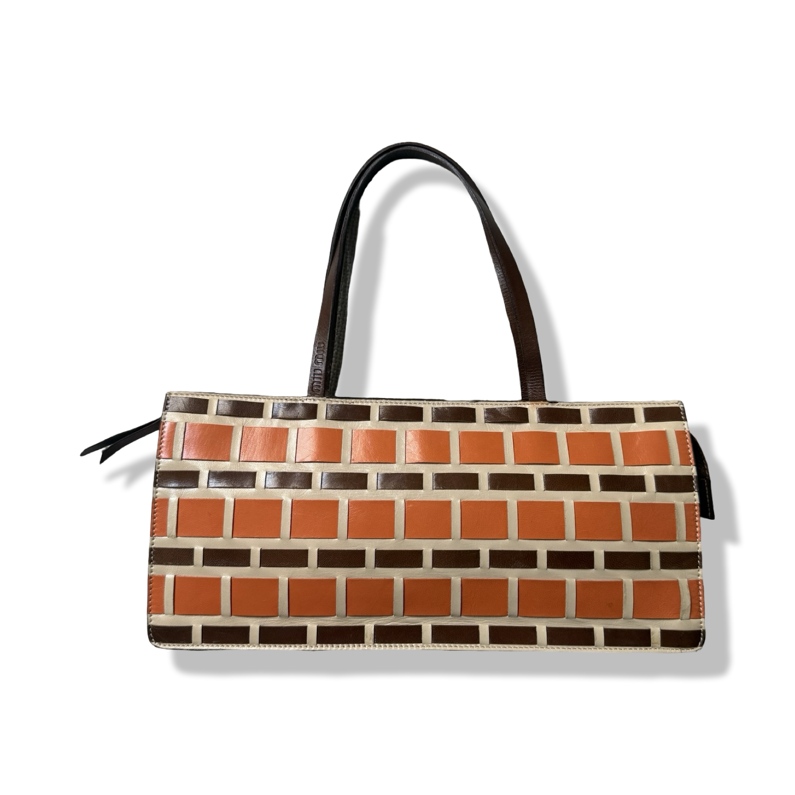 Miu Miu Vintage Leather Woven Shoulder Bag authentic brown orange and cream 2000s vintage y2k