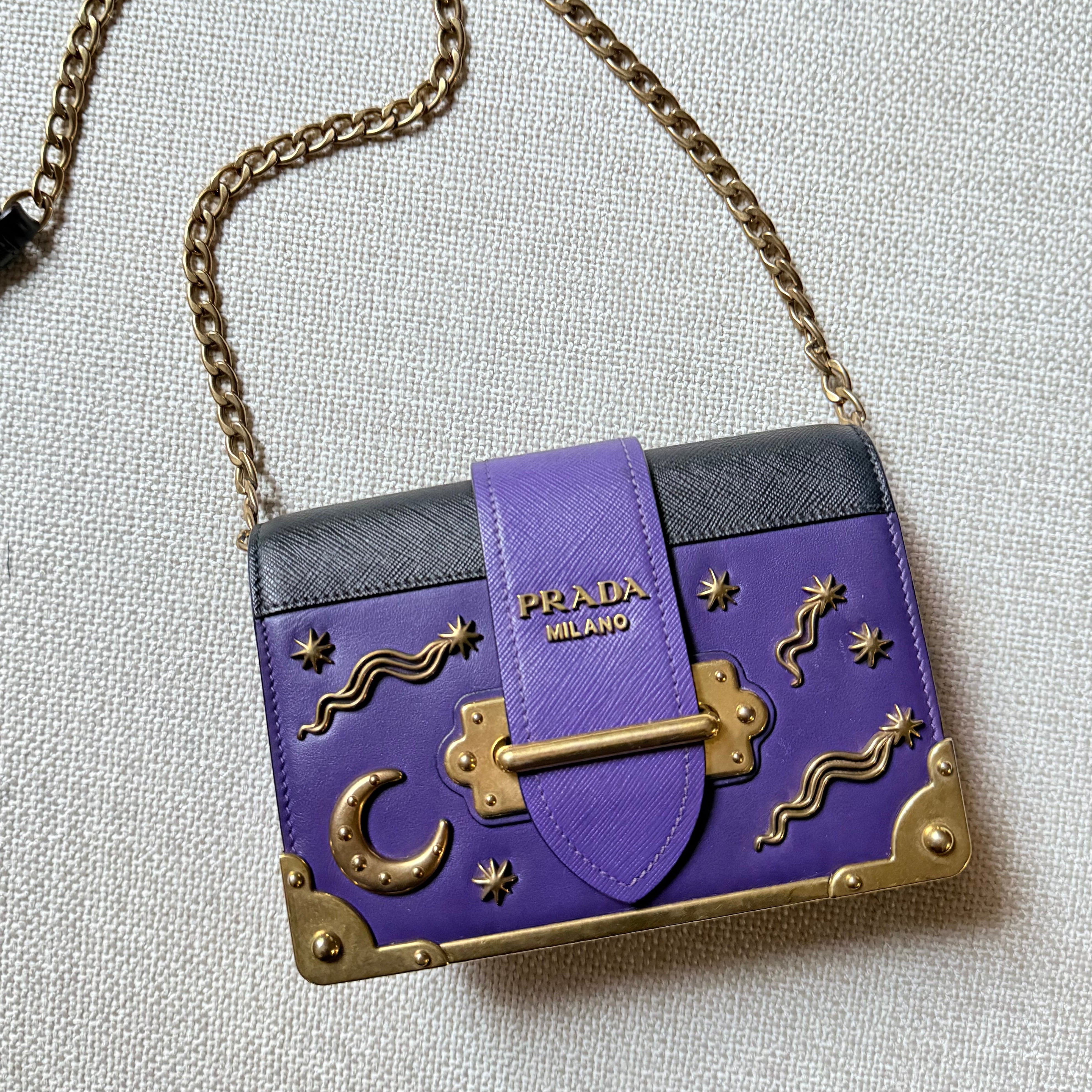 Prada Cahier Astrology Edition Purple authentic shoulder bag gold hardware