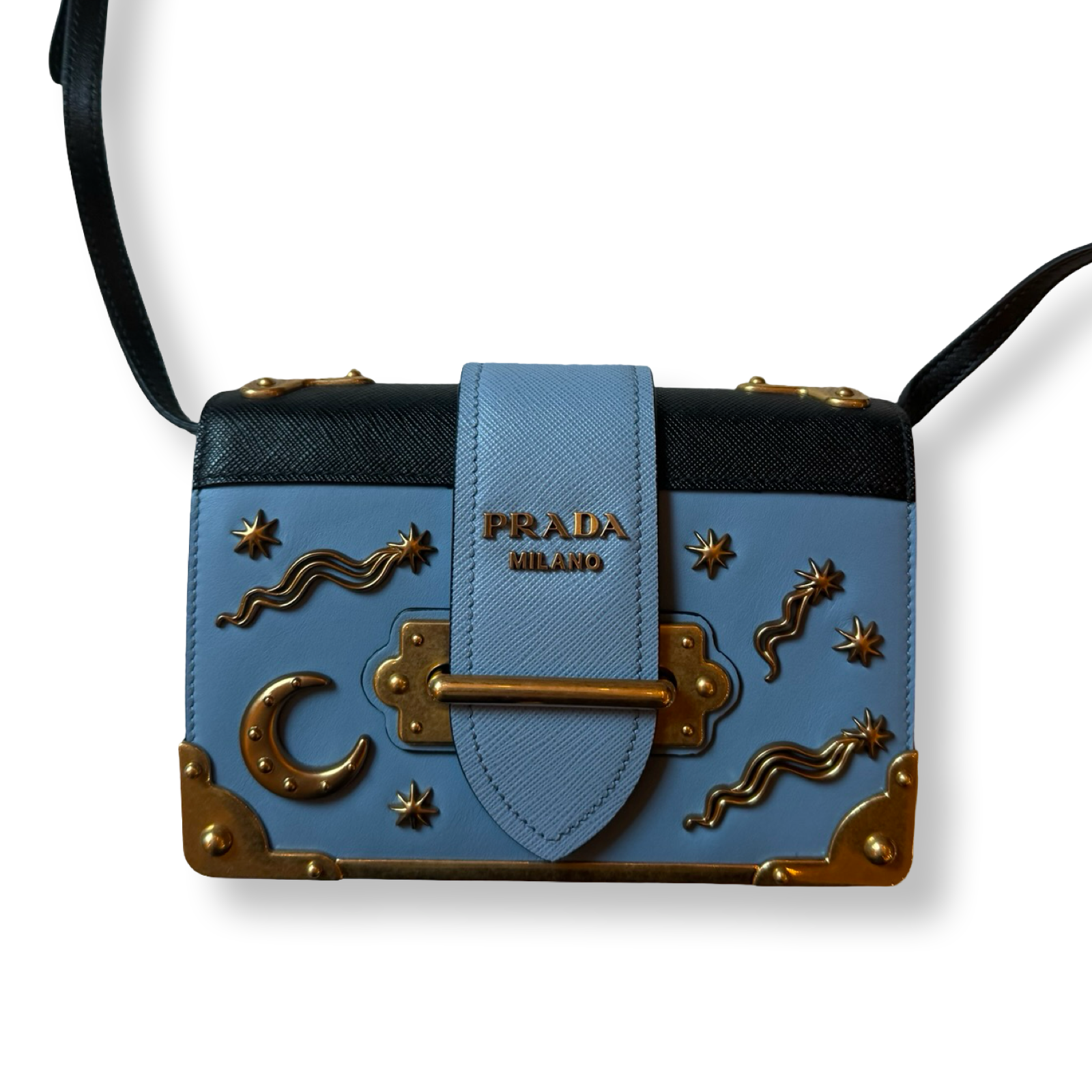 Prada Cahier Bag Astrology Edition Light Blue leather authentic gold hardware moon and stars versatile bag