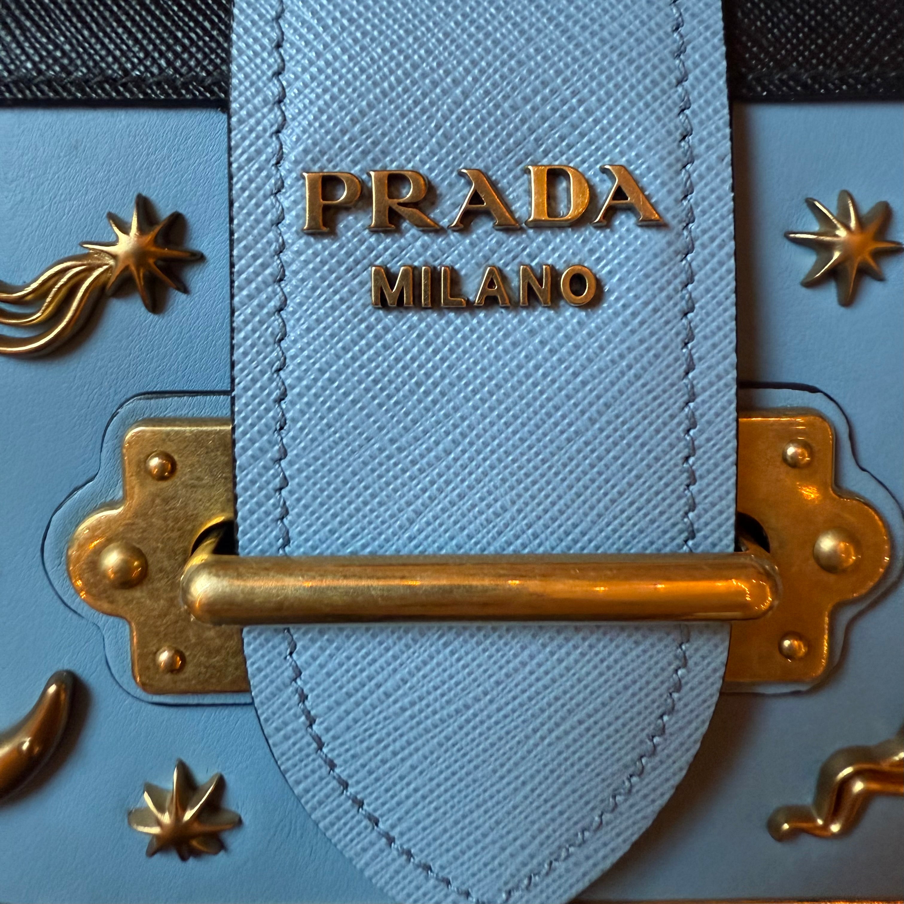 Prada Cahier Bag Astrology Edition Light Blue leather authentic gold hardware moon and stars versatile bag