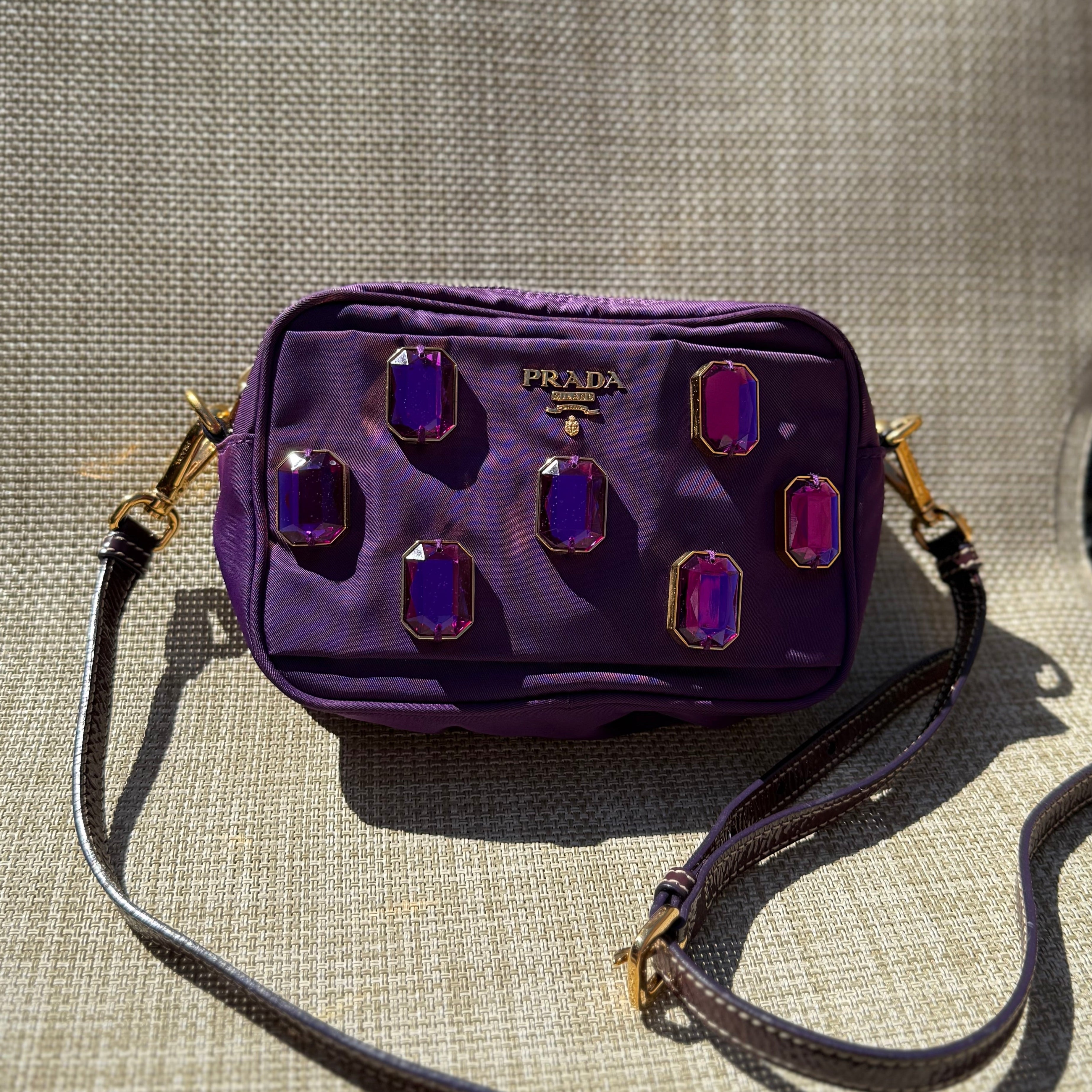 Prada vintage jeweled camera bag nylon purple stones authentic