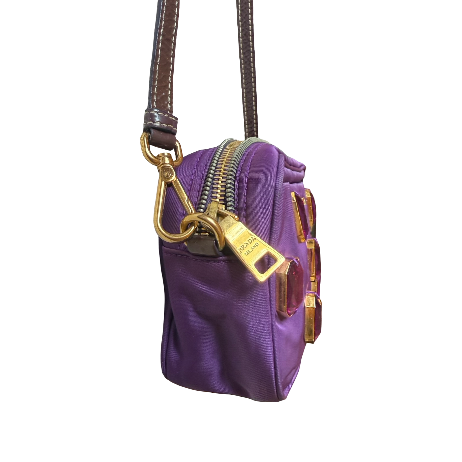 Prada 00s purple nylon camera bag with jewels authentic long strap cross body two way