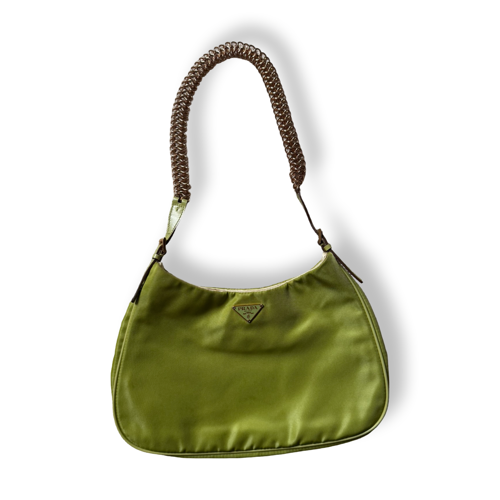 Prada vintage y2k 2000s authentic chain shoulder bag chartreuse green nylon gold hardware