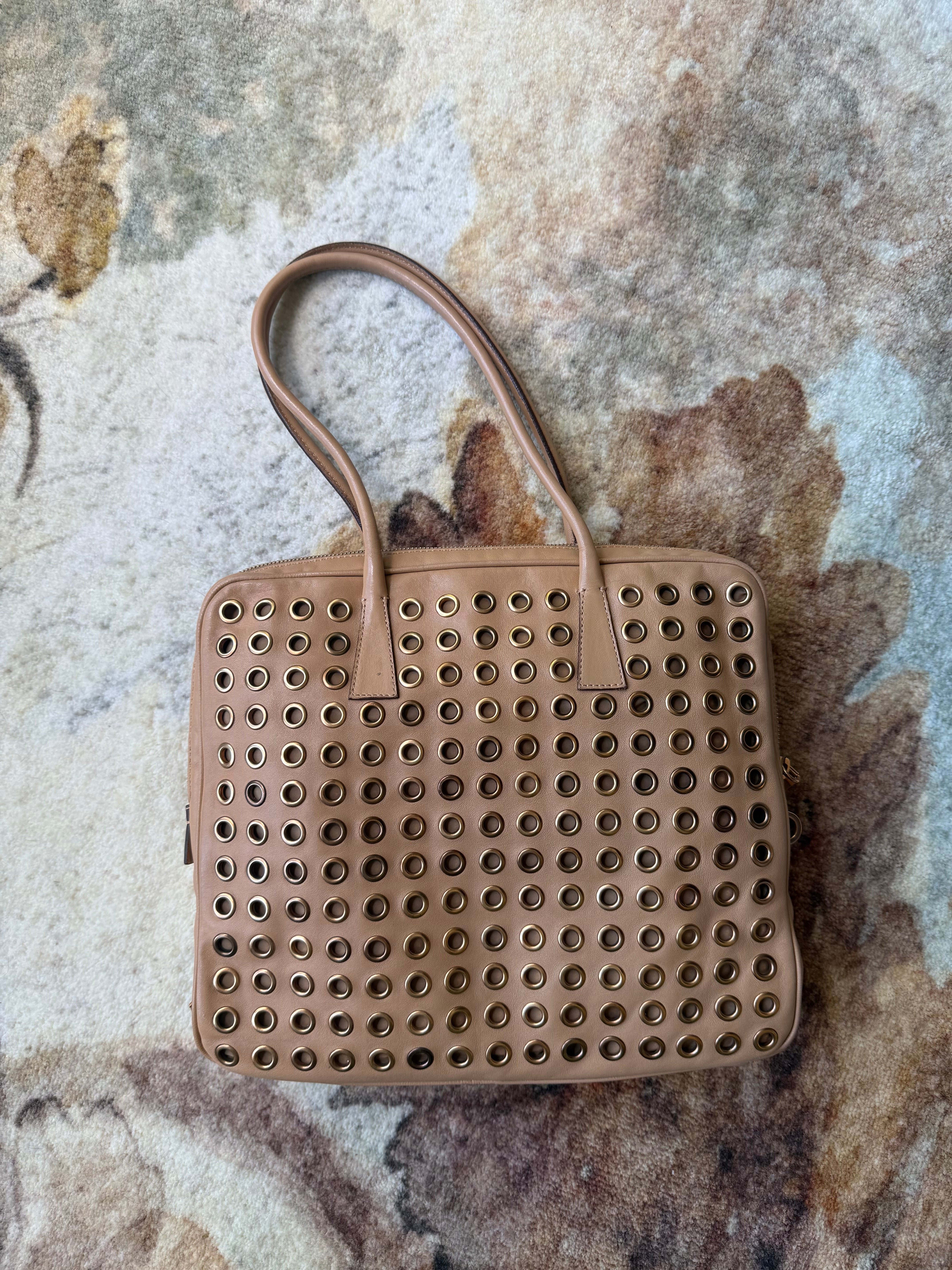 Prada Vintage Rivet Bag Square camel leather gold tone grommets y2k 2000s