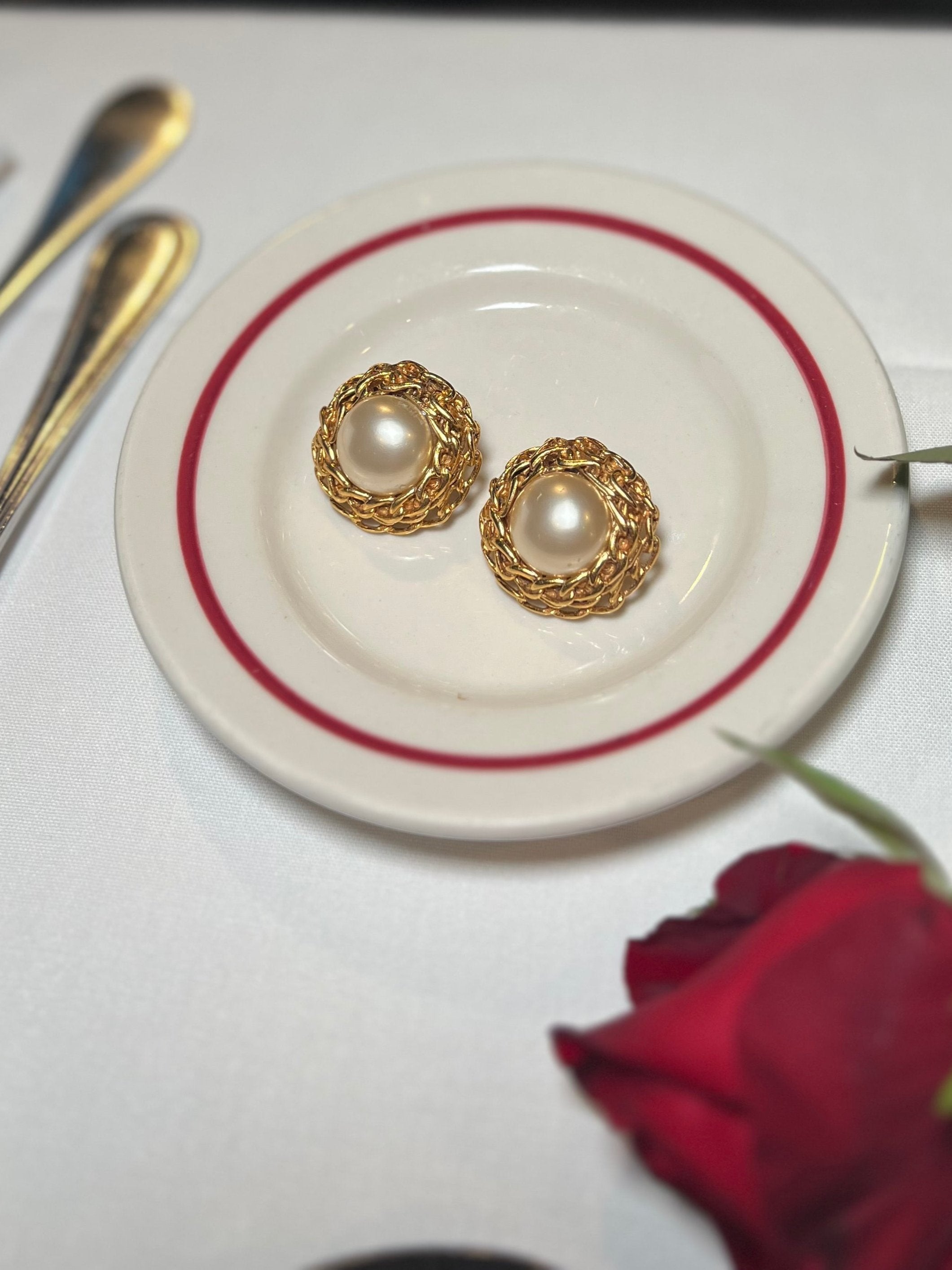 Vintage 90s Chanel Earrings Faux Pearl & Gold Chains
