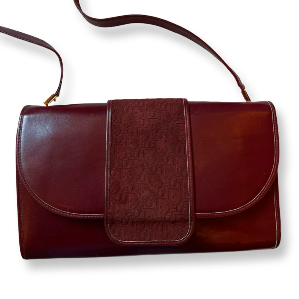 Christian Dior Old Bordeaux Leather and Suede Trotter Embossed Handbag with Shoulder Strap