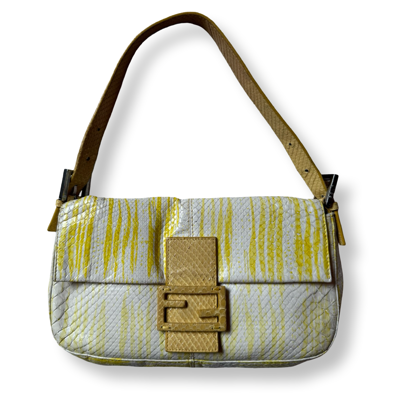 Authentic vintage Fendi baguette bag exotic skin yellow pattern and yellow snake
