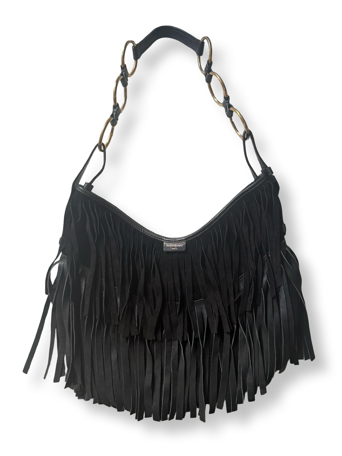 Yves Saint Laurent Vintage Suede Fringe La Boheme Hobo Bag Tom Ford Era 2000s Y2k black authentic