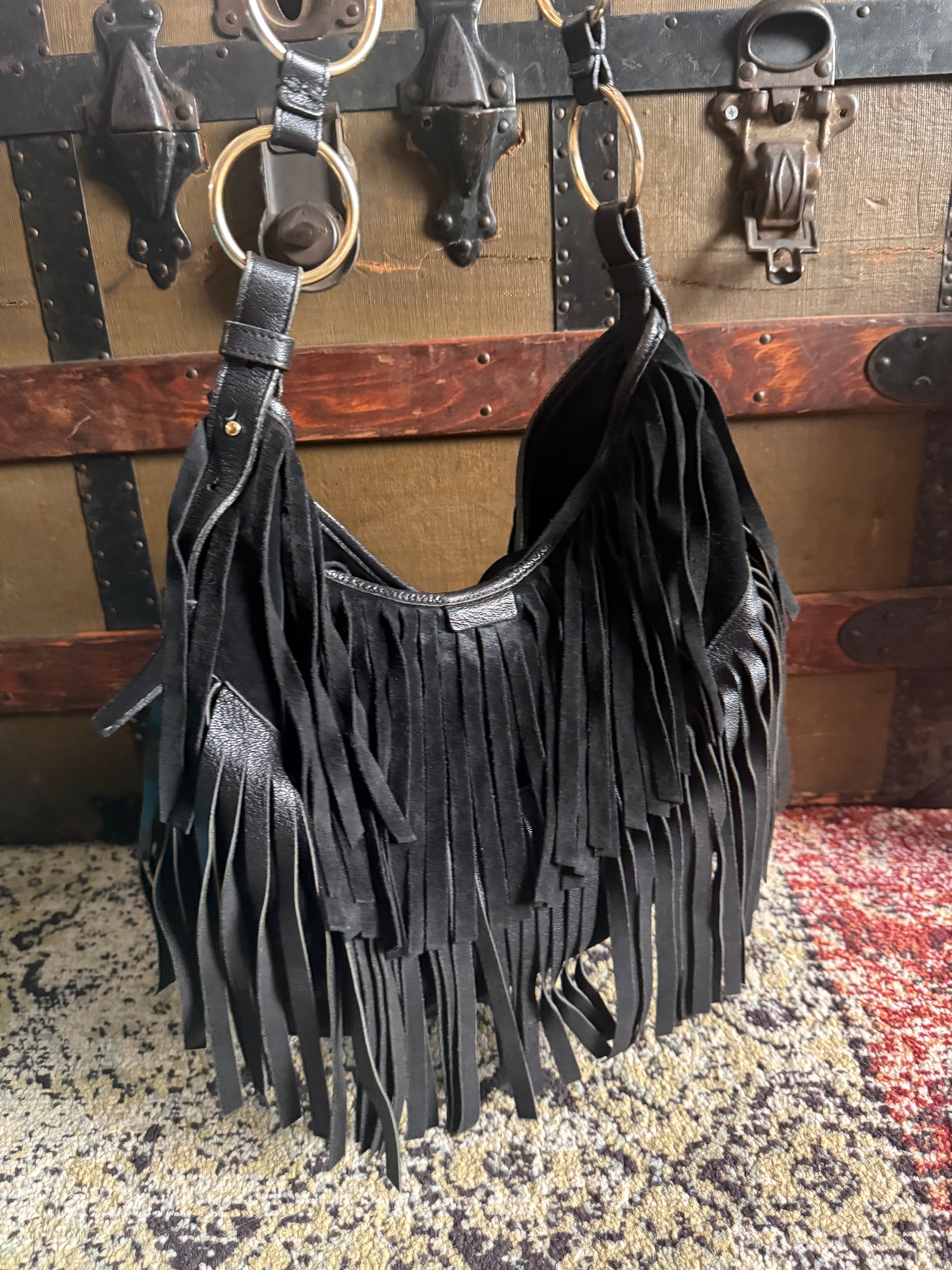 Yves saint Laurent vintage la boheme layered fringe suede and leather shoulder bag black authentic O ring detail boho chic