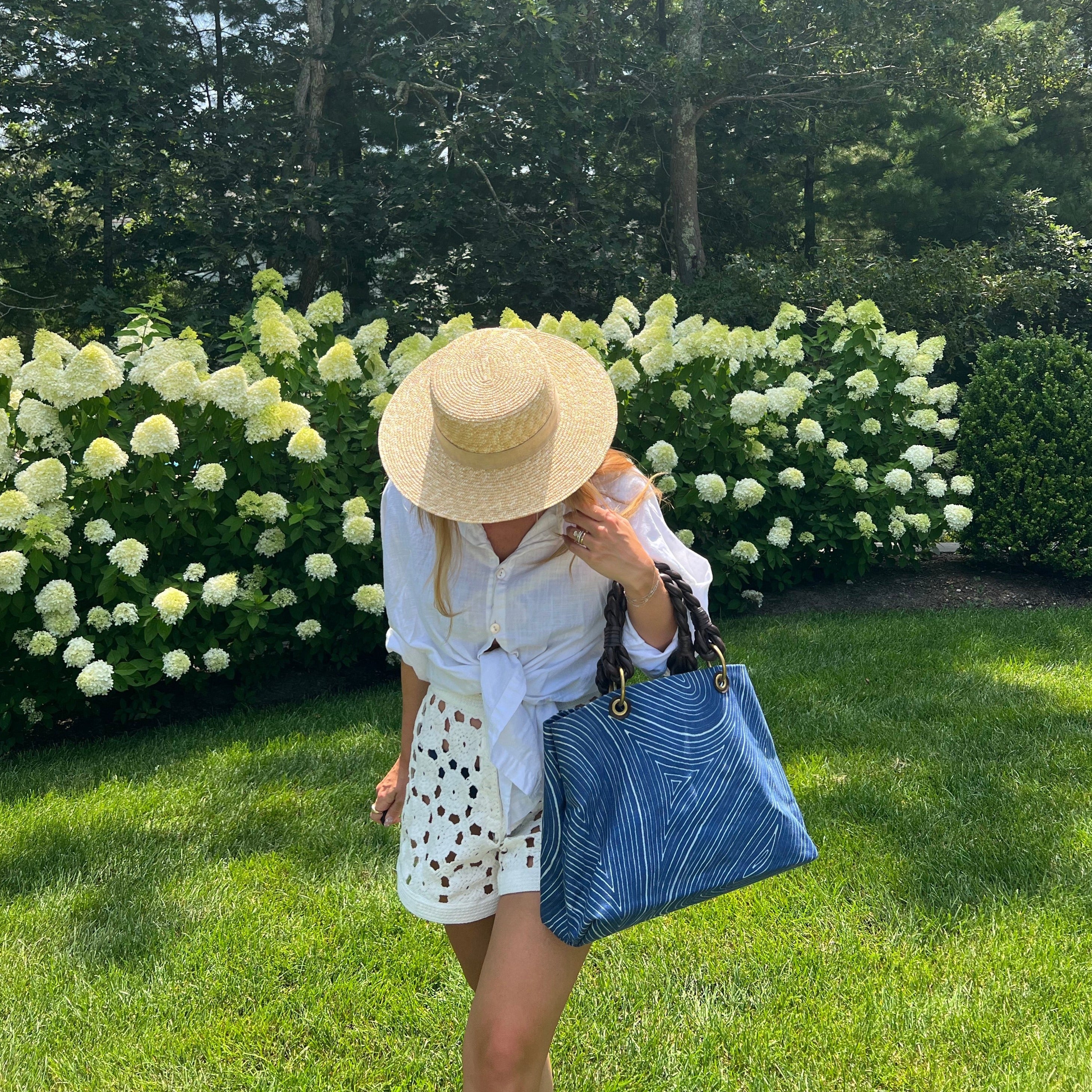 Bottega Brown Braided Leather Handle Blue tote