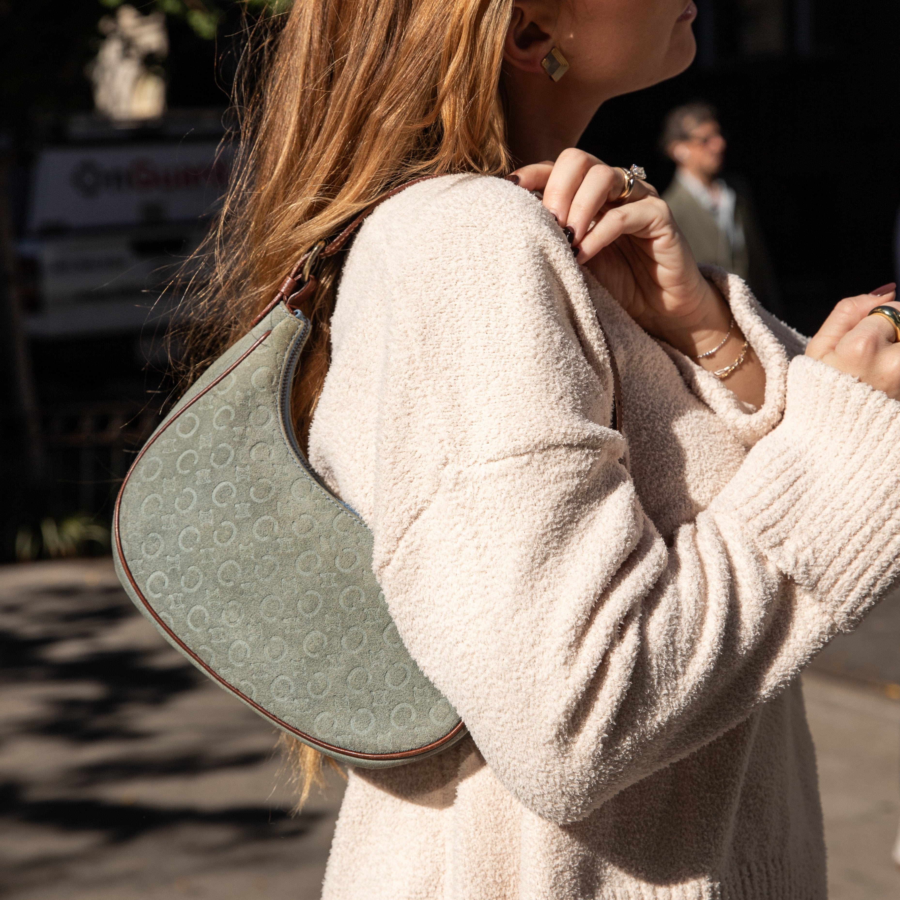 Old Celine Blue Suede & Brown Leather Halfmoon Shoulder Bag