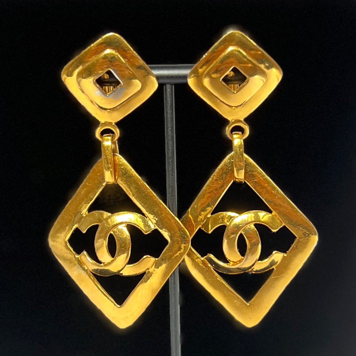 Chanel Vintage Oversized Rhombus Logo CC Earrings 1995