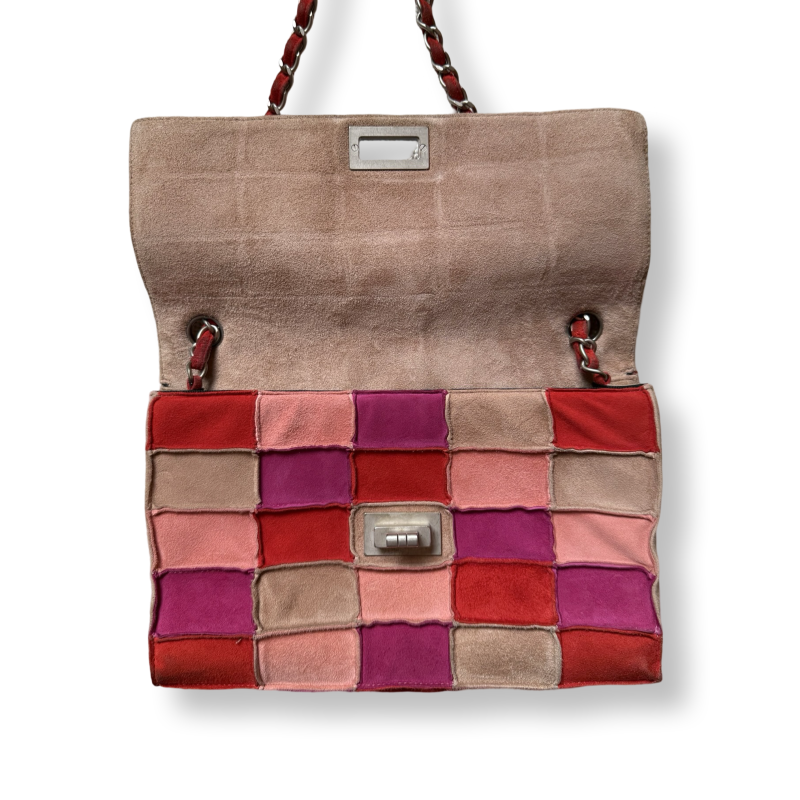 Chanel vintage 90s retro Patchwork pinks red purples silver classic bag