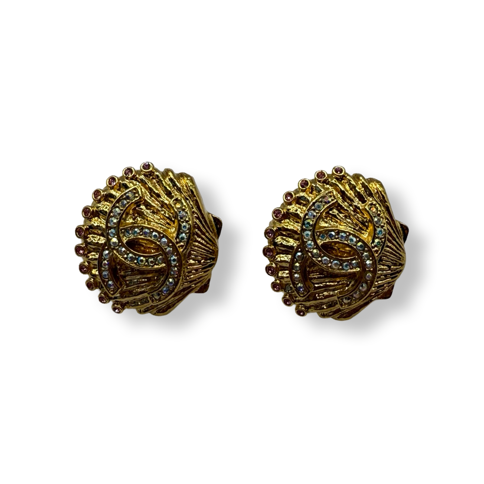 Chanel CC authentic clam Shell shaped Earrings gold with multi crystals