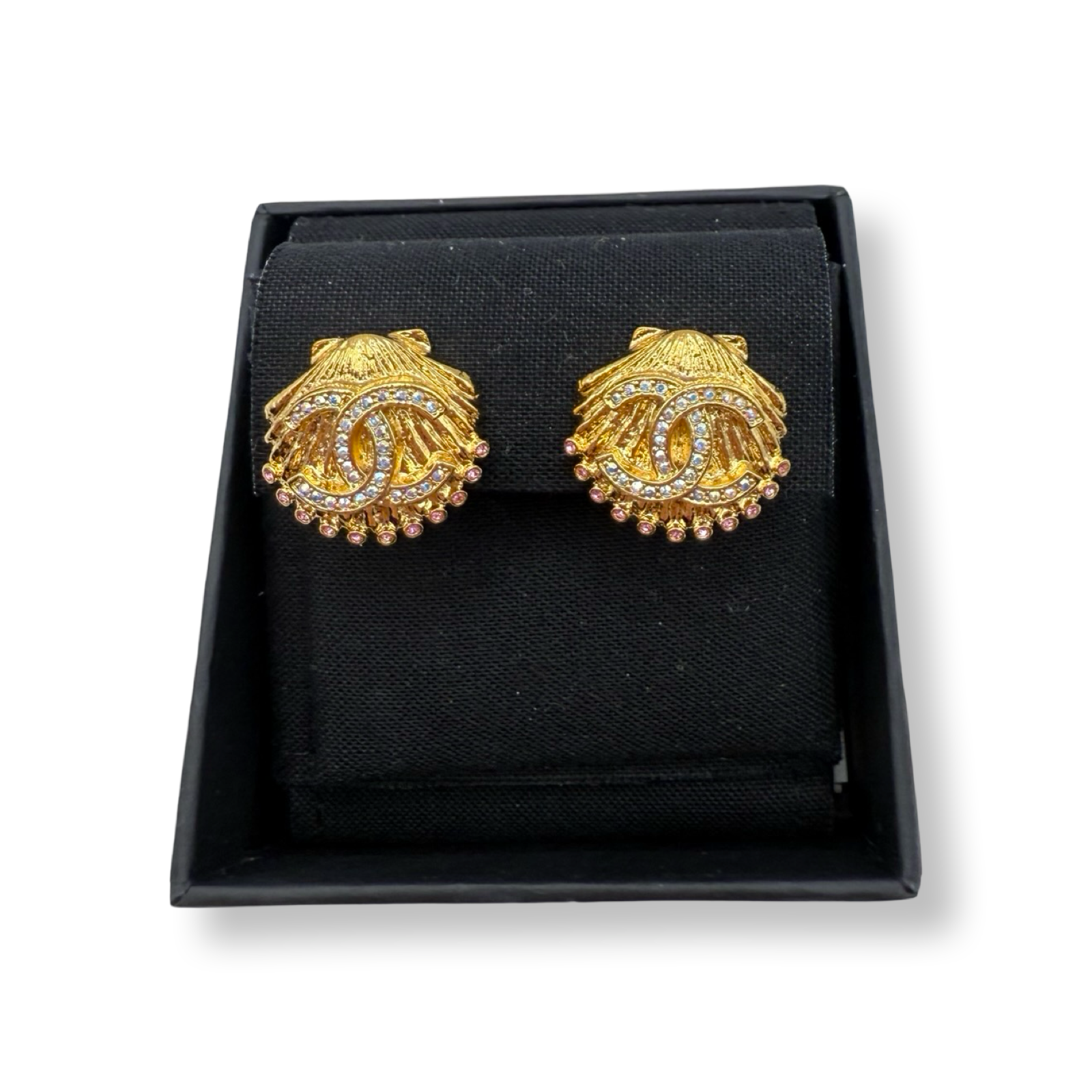 Chanel authentic CC Shell Earrings cruise 2023 rhinestones pink and gold