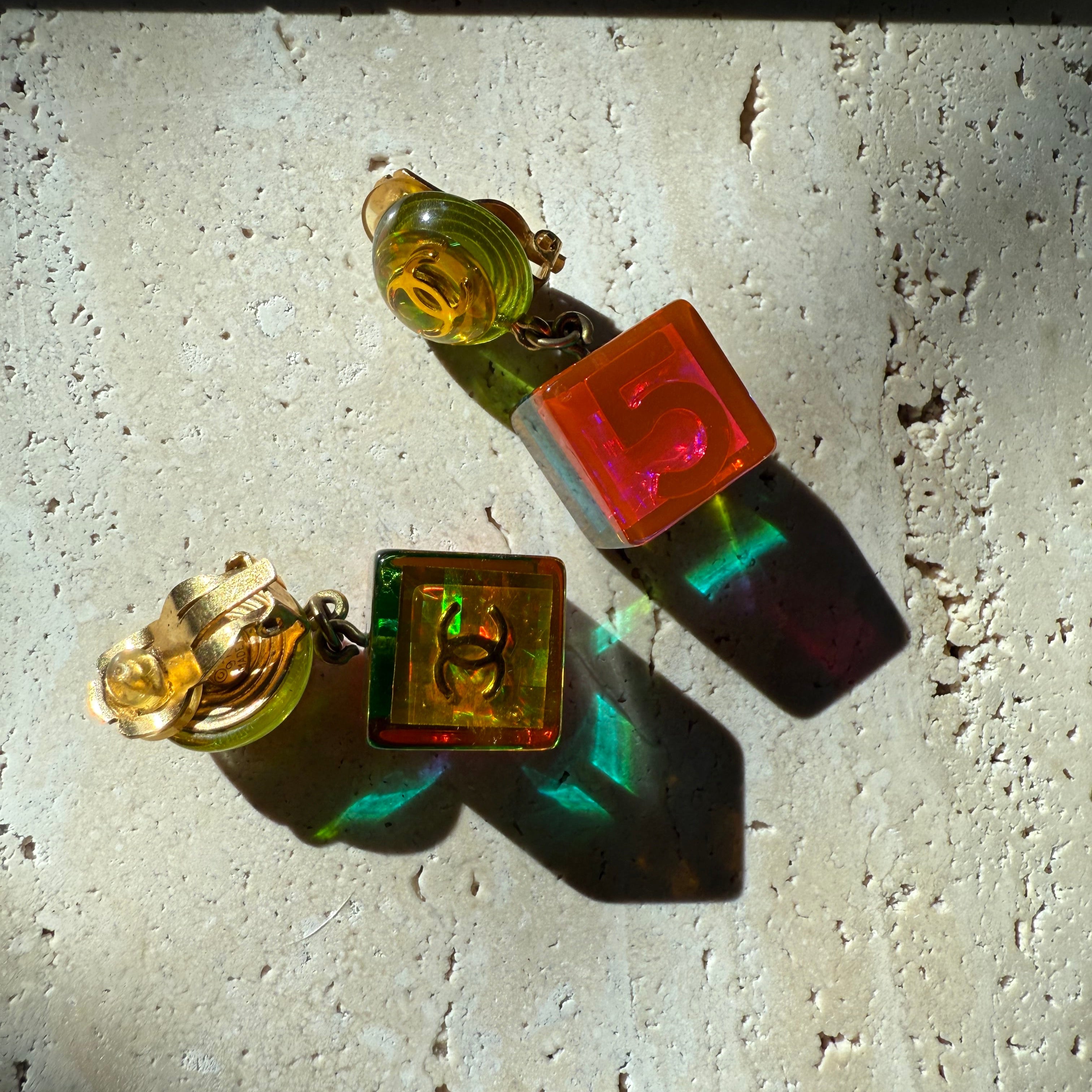Chanel Vintage 1997 Rainbow Lucite Earrings number five & CC logo dangle drop authentic colorful
