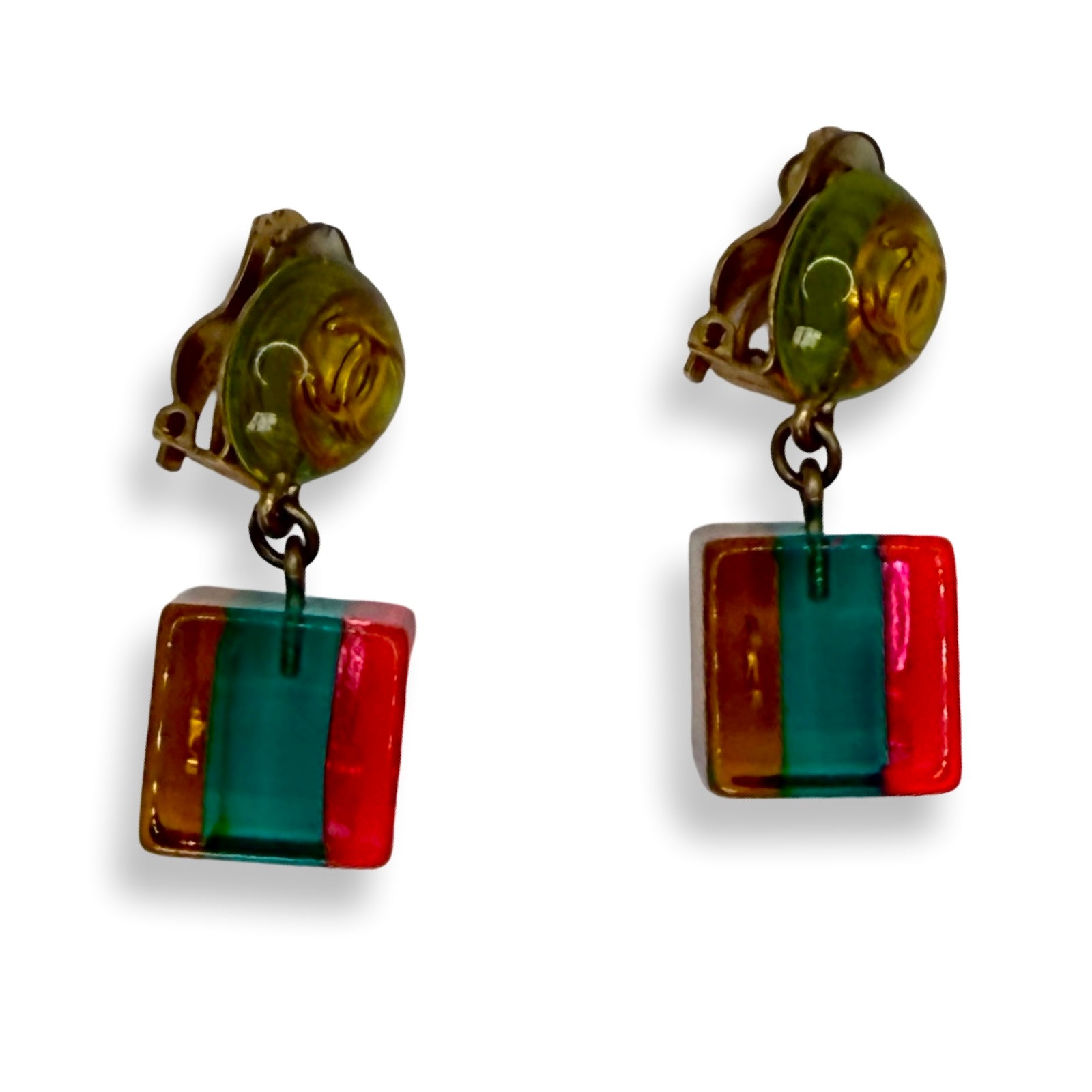 Chanel Vintage 1997 Rainbow Lucite Earrings number five & CC logo dangle drop authentic colorful