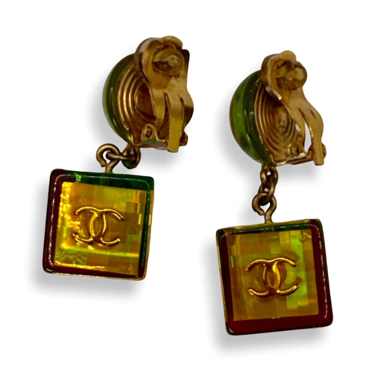 Chanel Vintage 1997 Rainbow Lucite Earrings number five & CC logo dangle drop authentic colorful