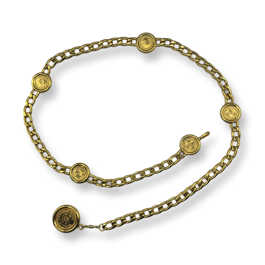 Chanel gold vintage chain link belt cc mark gold coins