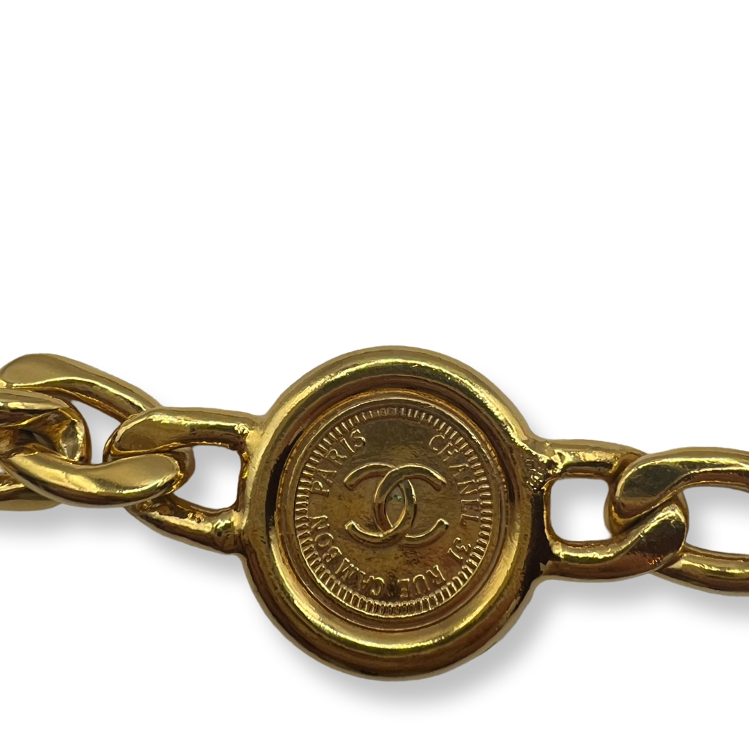 vintage chanel 90s gold chain belt with coco coins