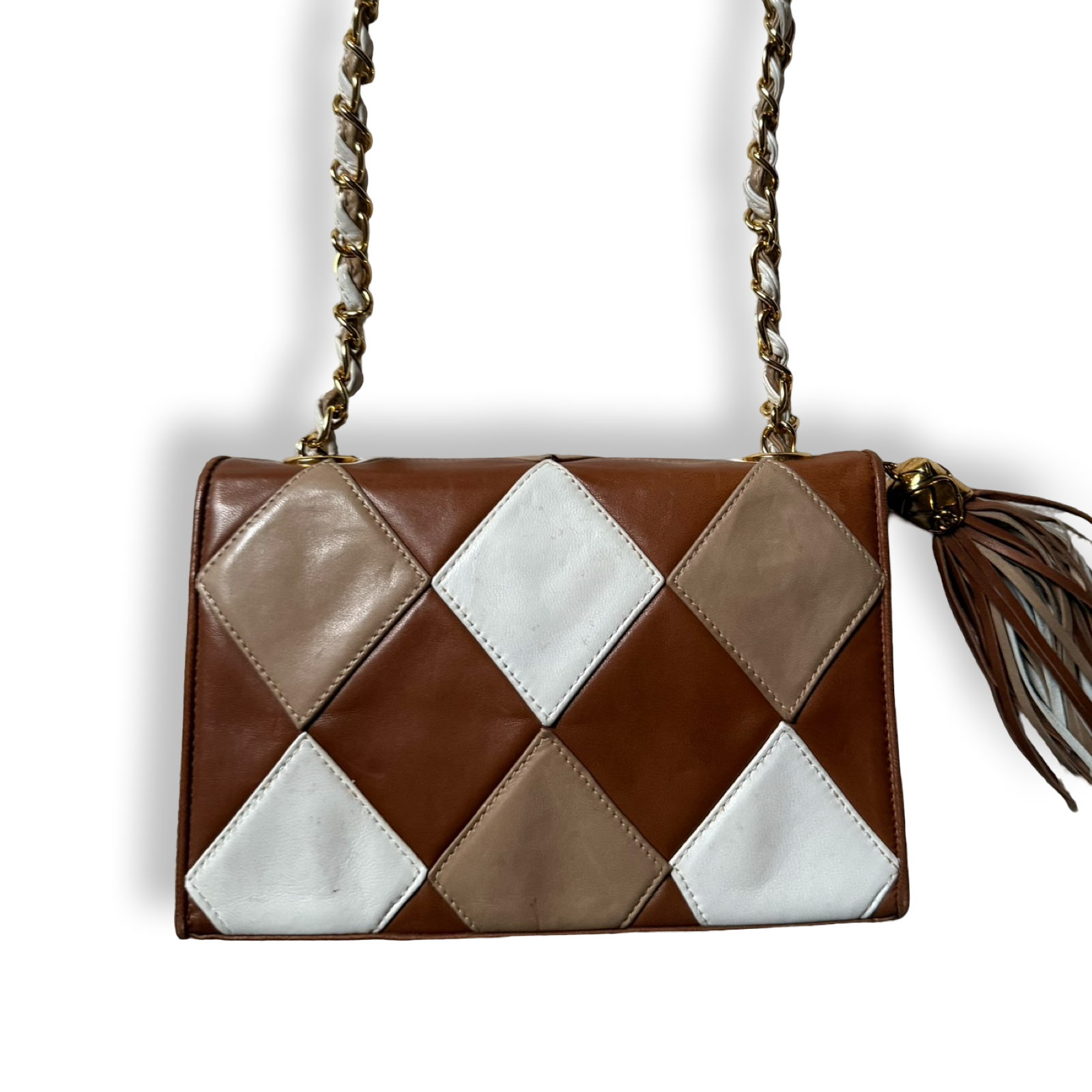 Chanel Vintage 90s authentic front flap shoulder bag cognac brown and white diamond pattern with tassel