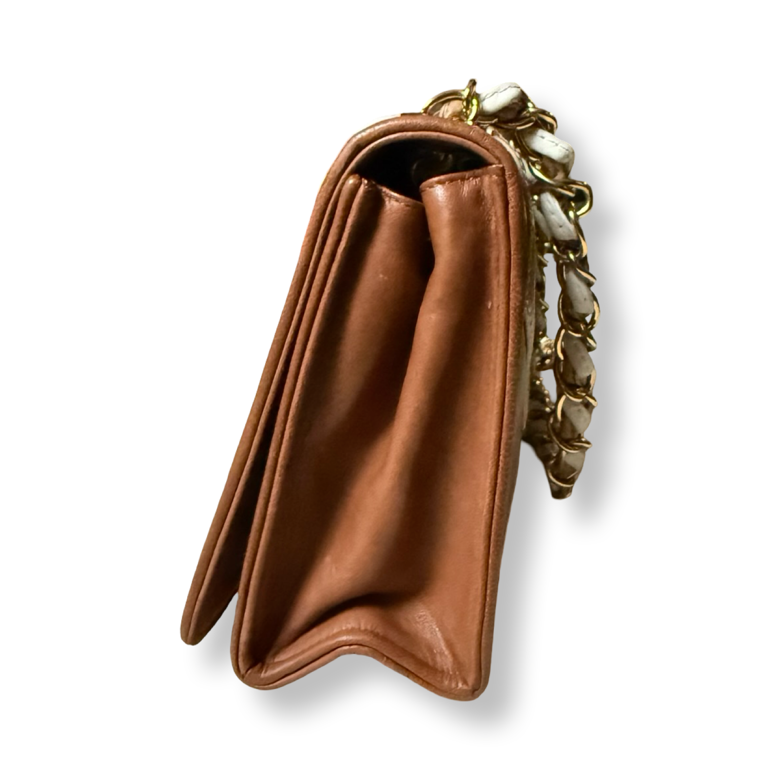 Chanel Vintage 80s authentic front flap shoulder bag cognac brown and white harlequin  pattern with tassel