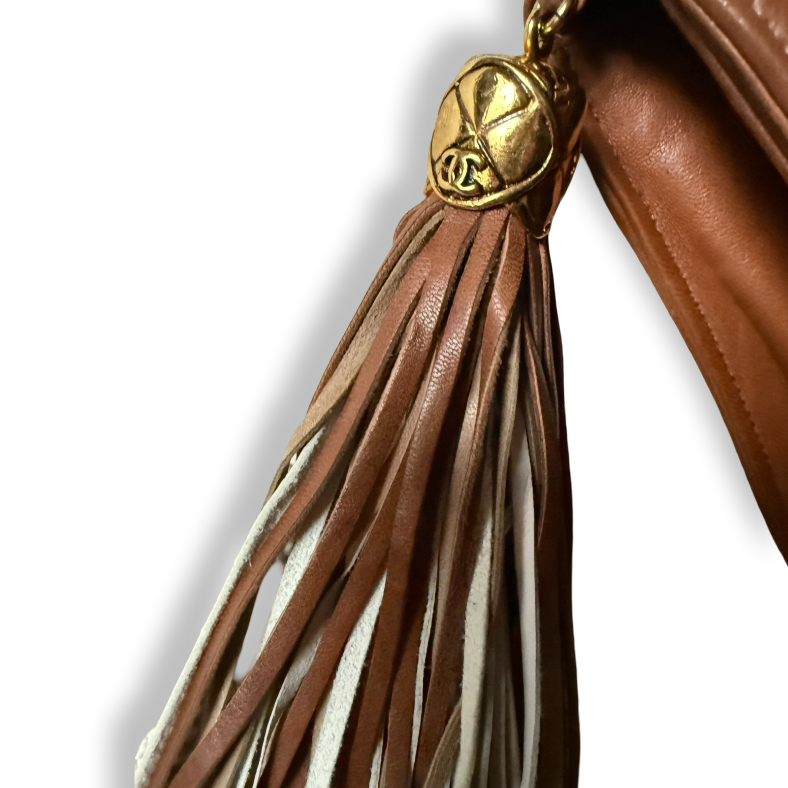 Chanel Vintage 80s authentic front flap shoulder bag cognac brown and white diamond pattern with tassel