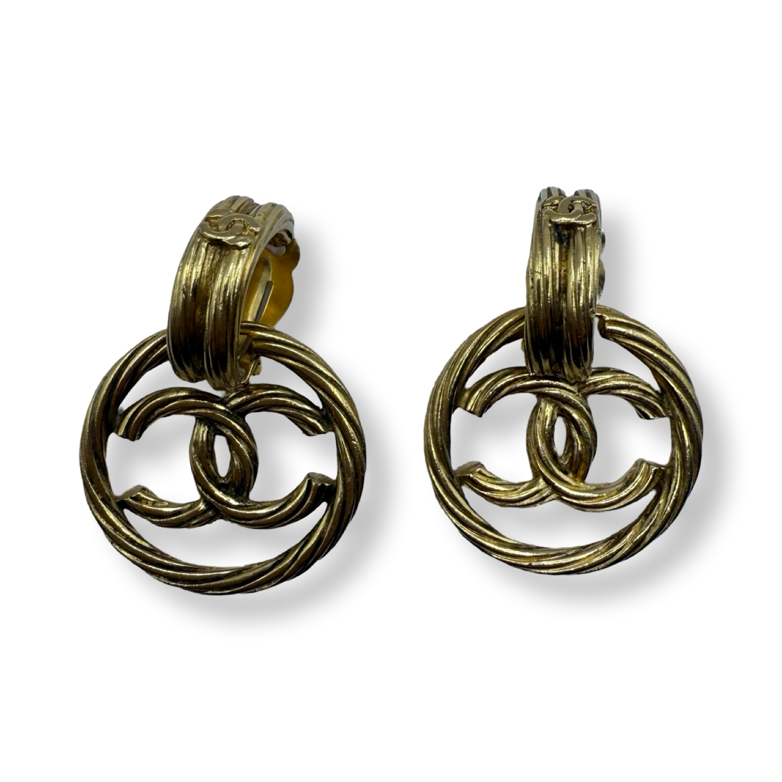 Chanel Vintage 90s authentic CC mark twisted rope gold looking dangle earrings 2 in 1 door knocker