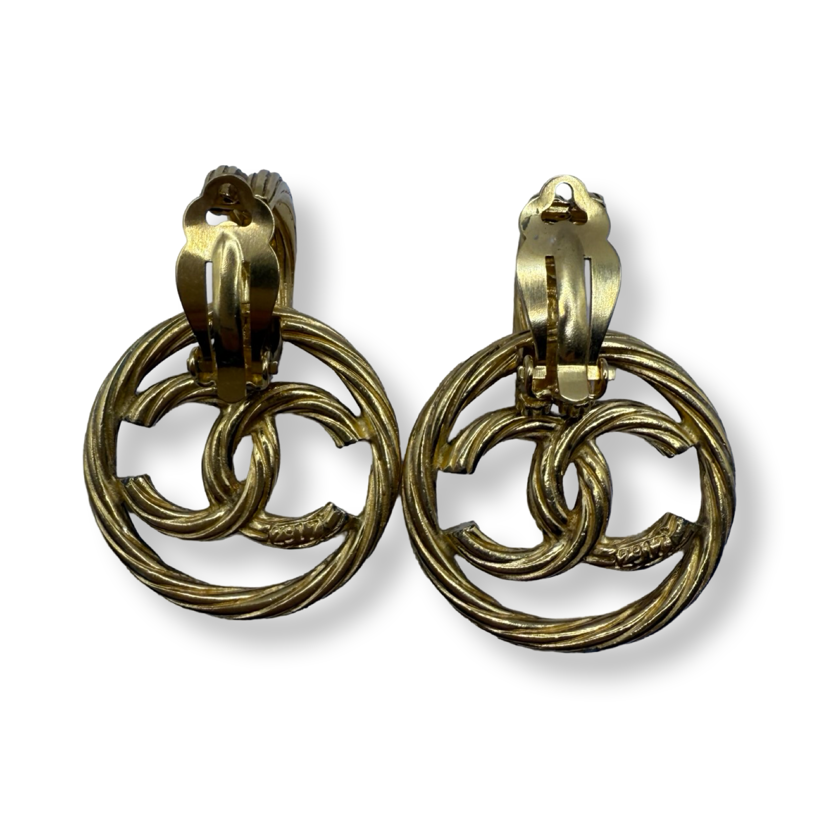 Chanel retro 90s authentic 2 in 1 style earrings gold twisted rope CC dangle