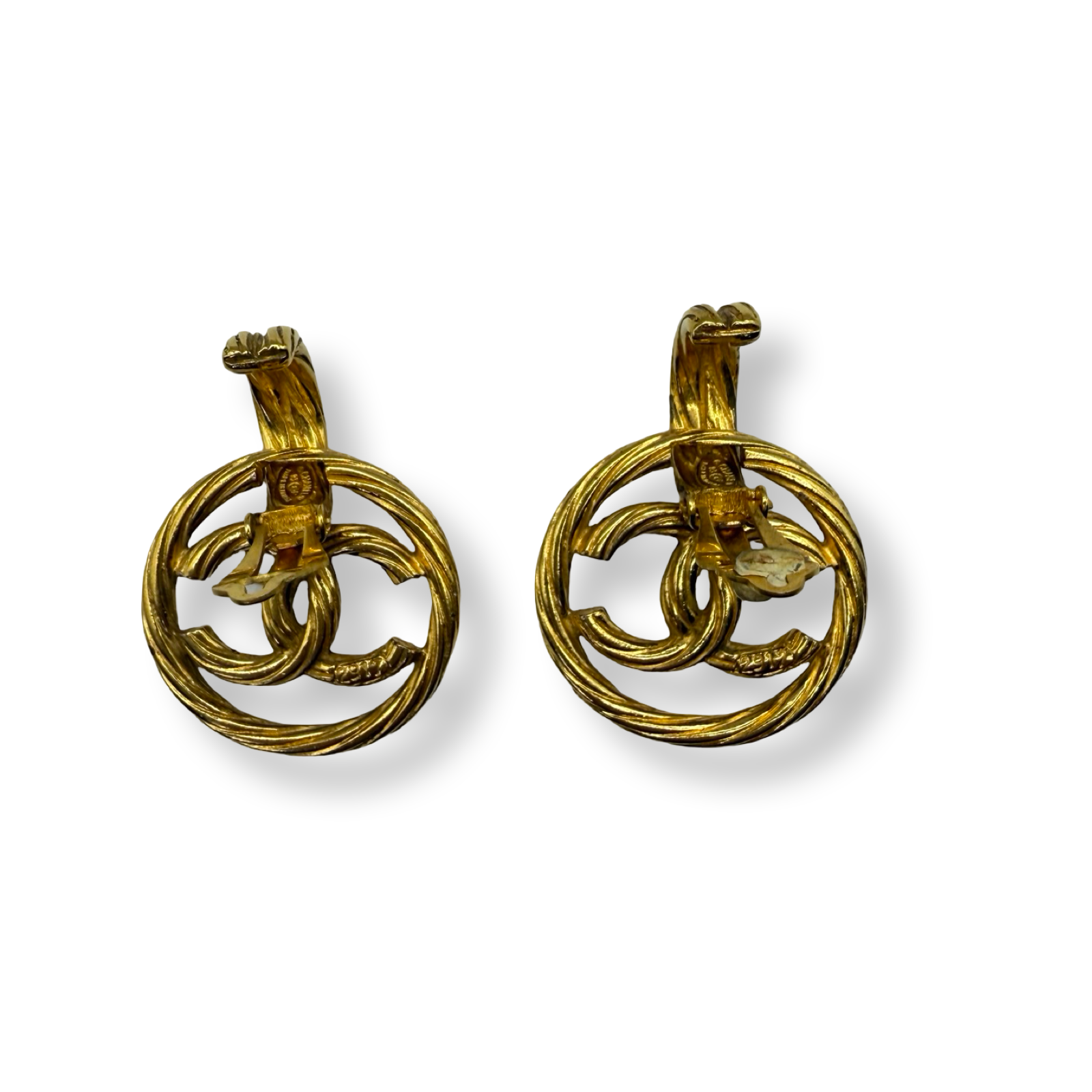 Chanel authentic 90s gold earrings logo oversized swing two way wear