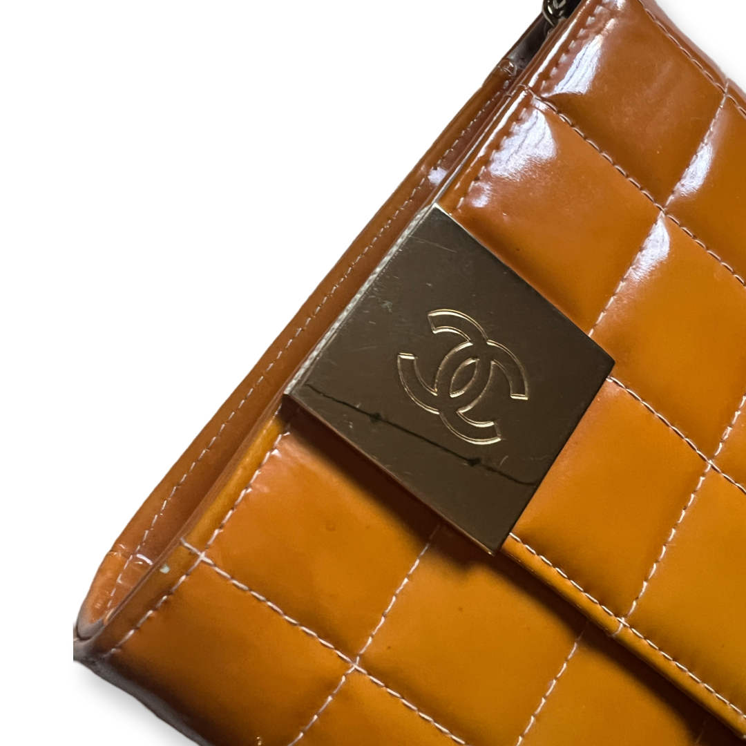 Chanel authentic patent leather chocolate bar bag with gold logo hardware