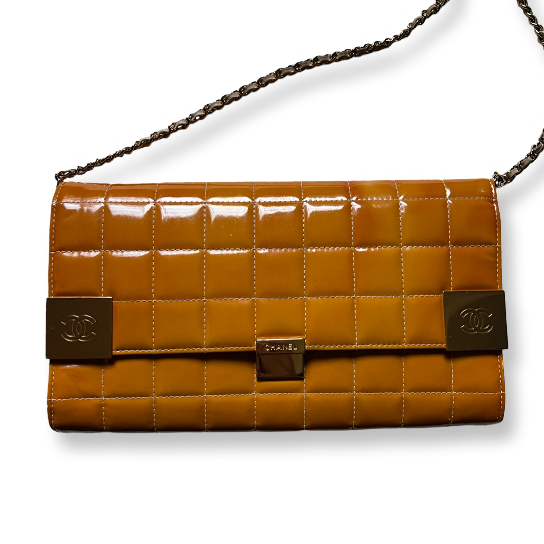 Vintage Chanel Authentic Patent Leather Clutch Bag with Chain Orange