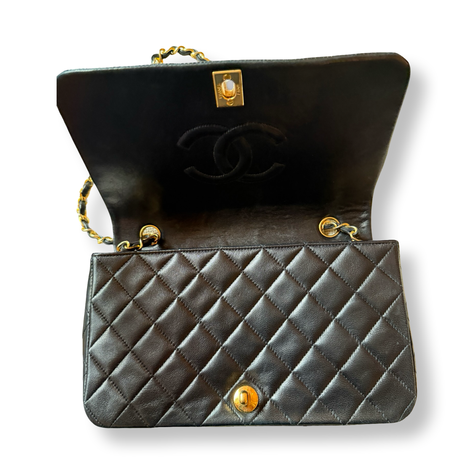 Vintage authentic Chanel Classic Flap Black Lambskin Gold 24k hardware 1990s single full flap small size