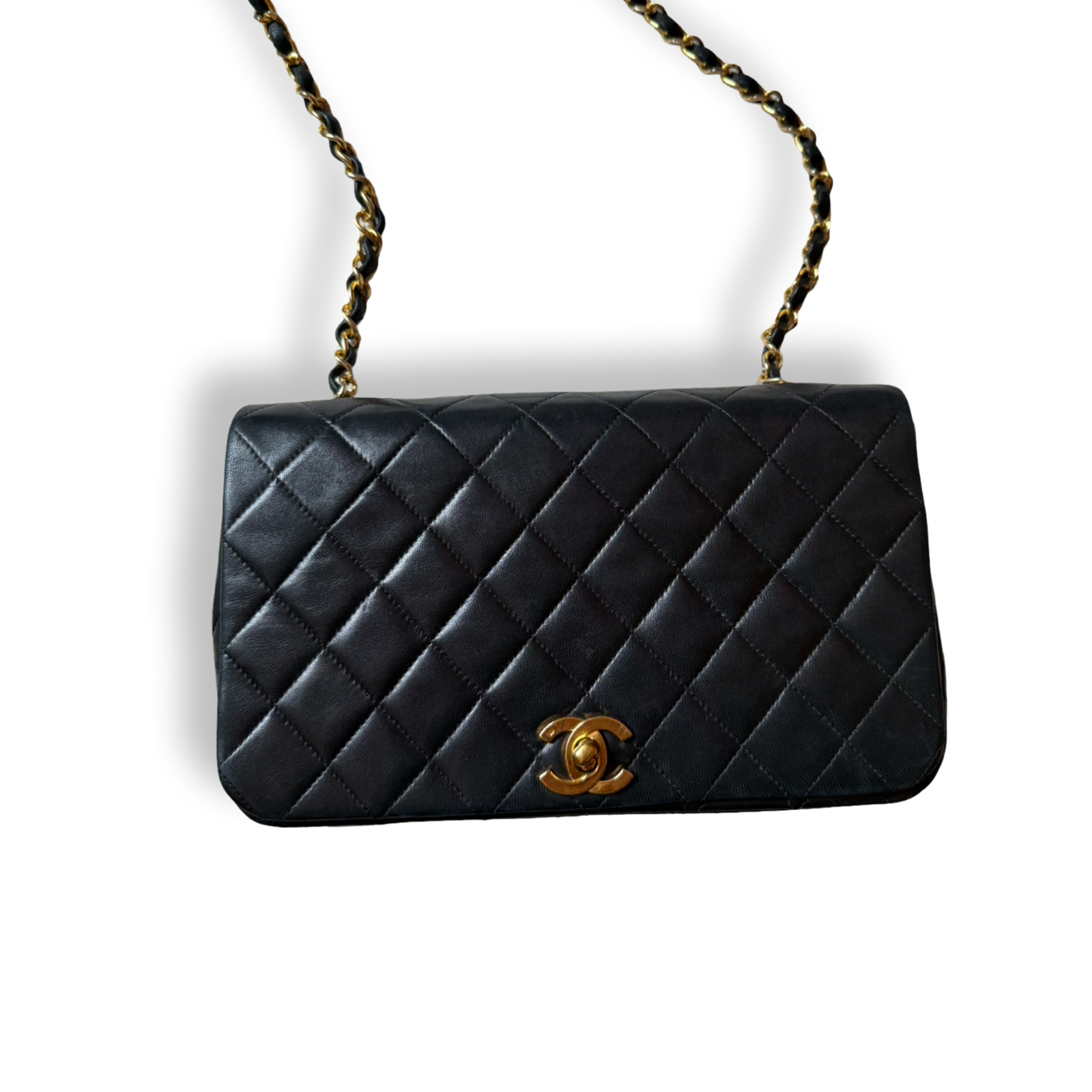 Chanel Authentic 80s 90s Vintage Black quilted classic flap with gold hardware single full flap front crossbody
