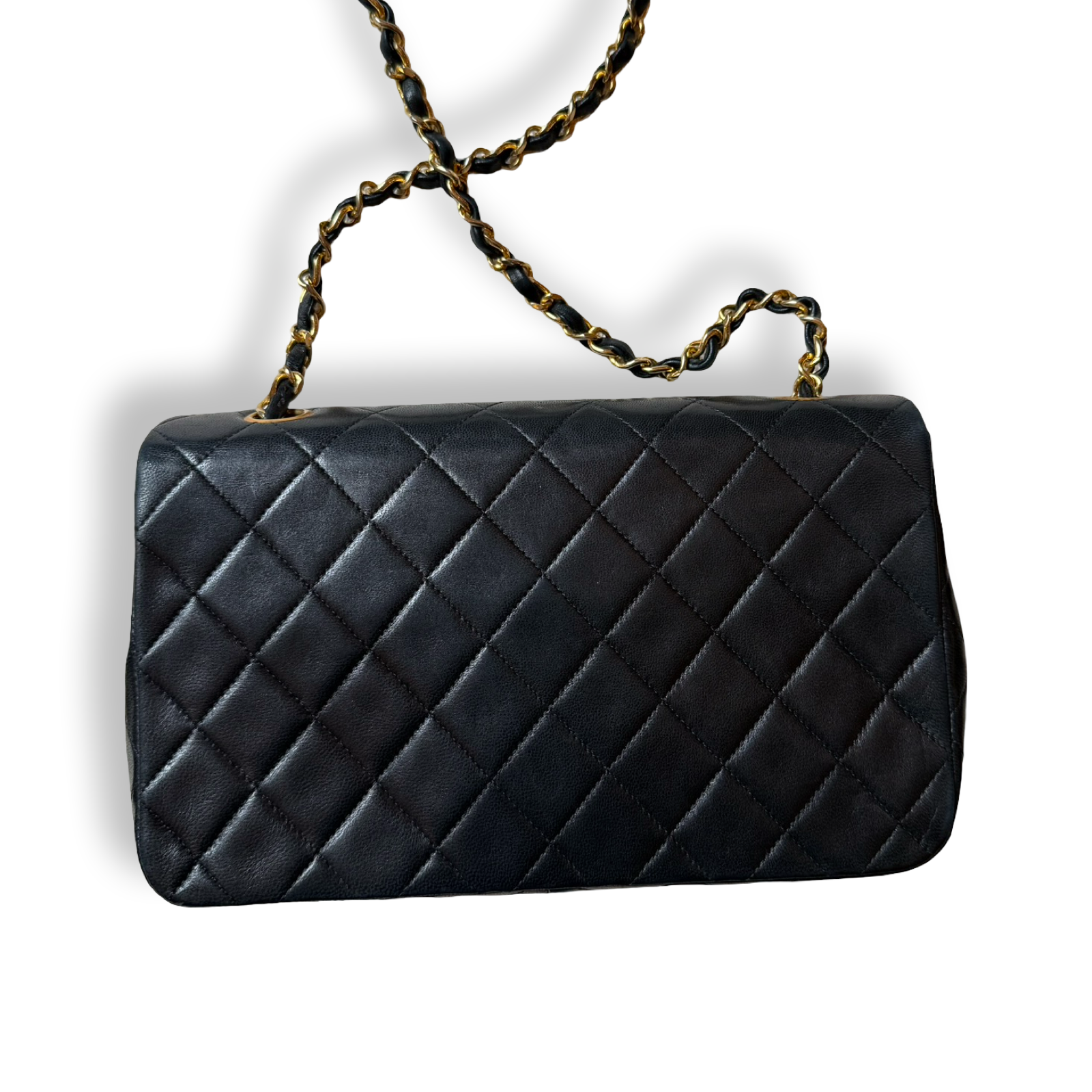 Chanel classic full flap authentic Black quilted leather with gold chain strap vintage single small