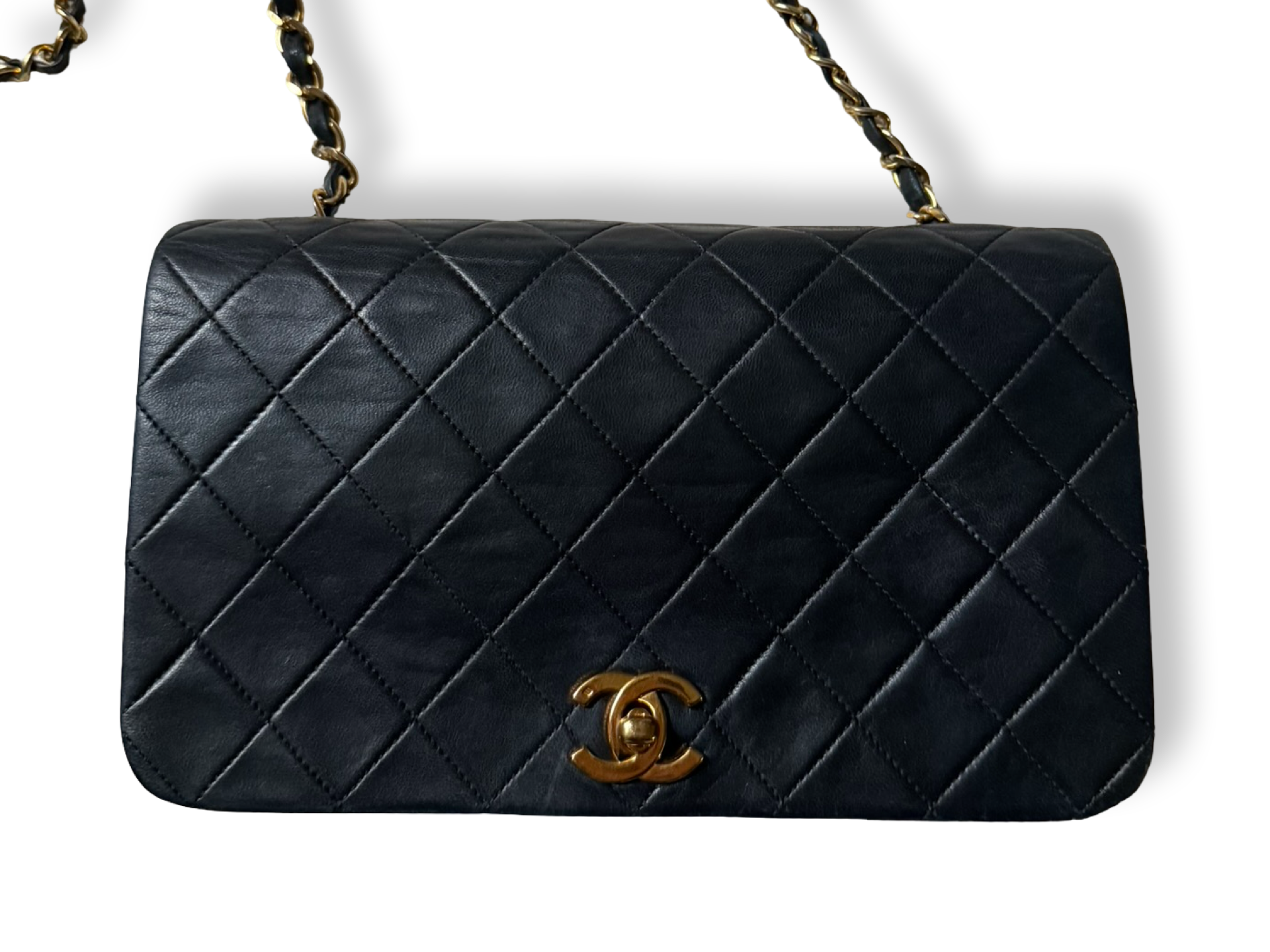 Chanel vintage authentic classic flap full flap black lambskin 80s gold hardware