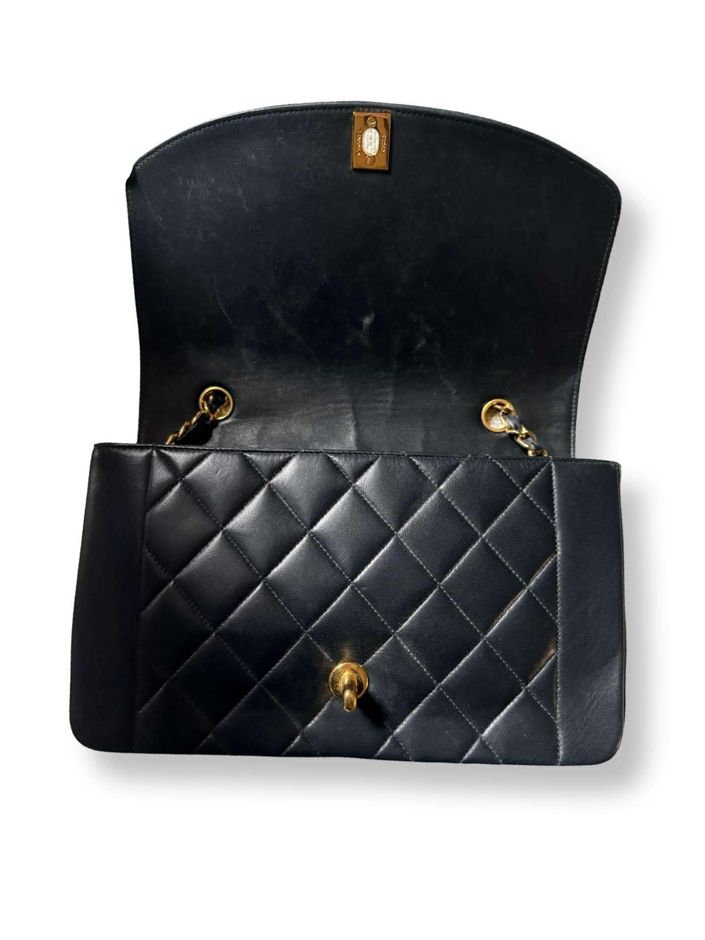 Vintage 90s Chanel Authentic Diana Flap bag medium Black Lambskin 24k Gold Hardware