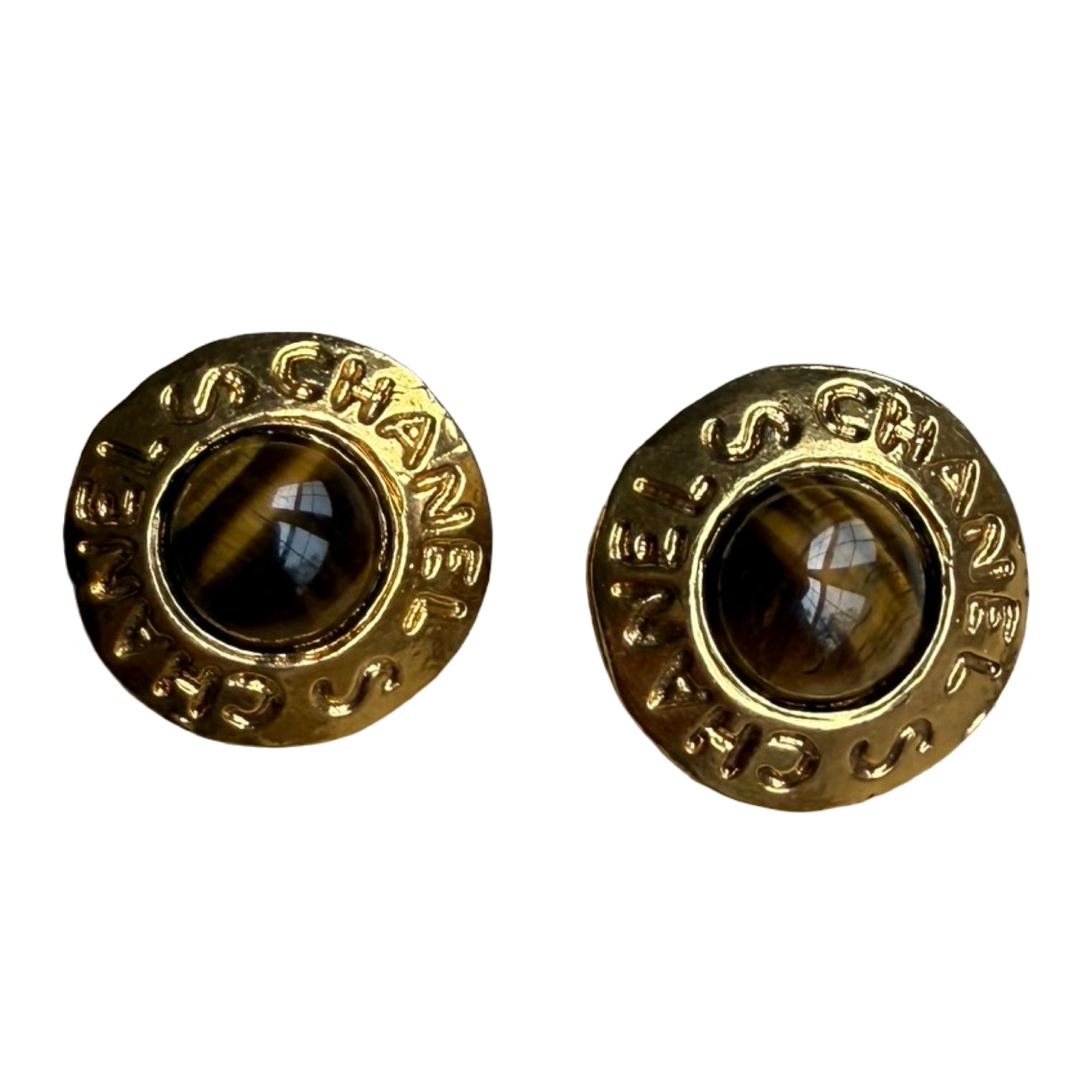 Chanel Vintage Faux Tiger Eye Stone Earrings