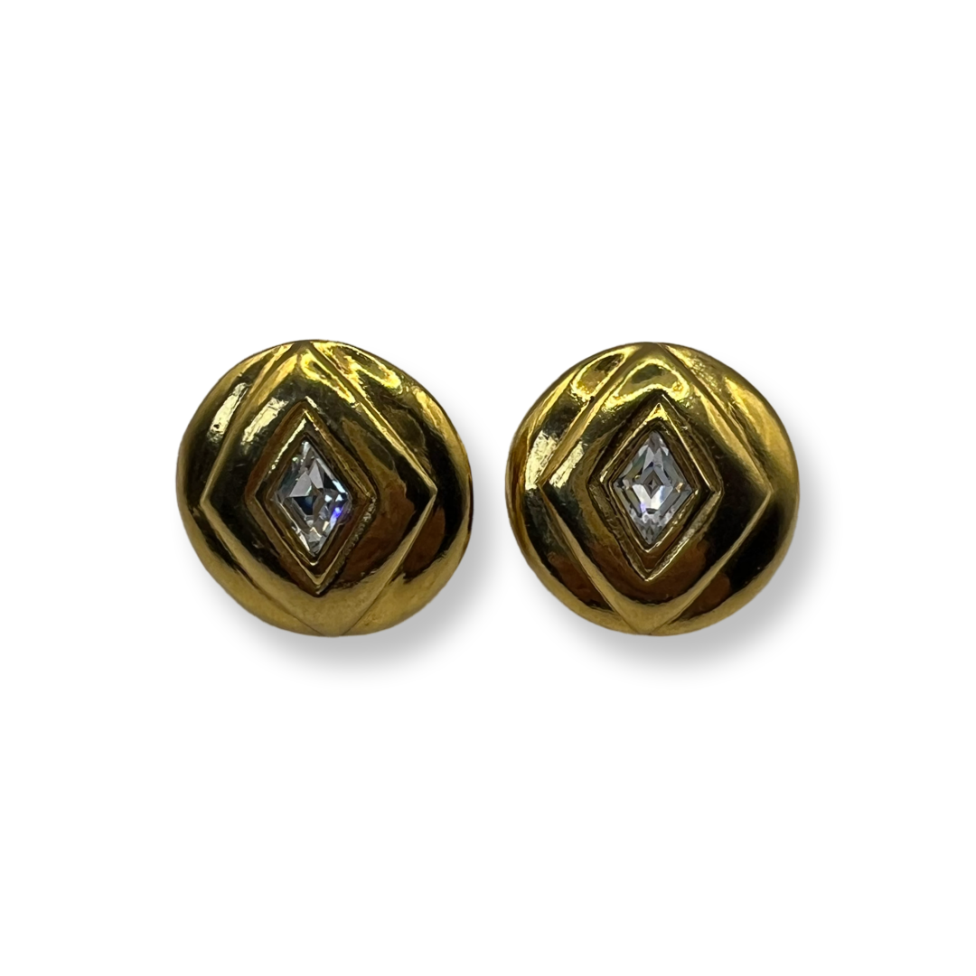 Vintage Chanel Earrings gold with rhinestone in center big round clip on