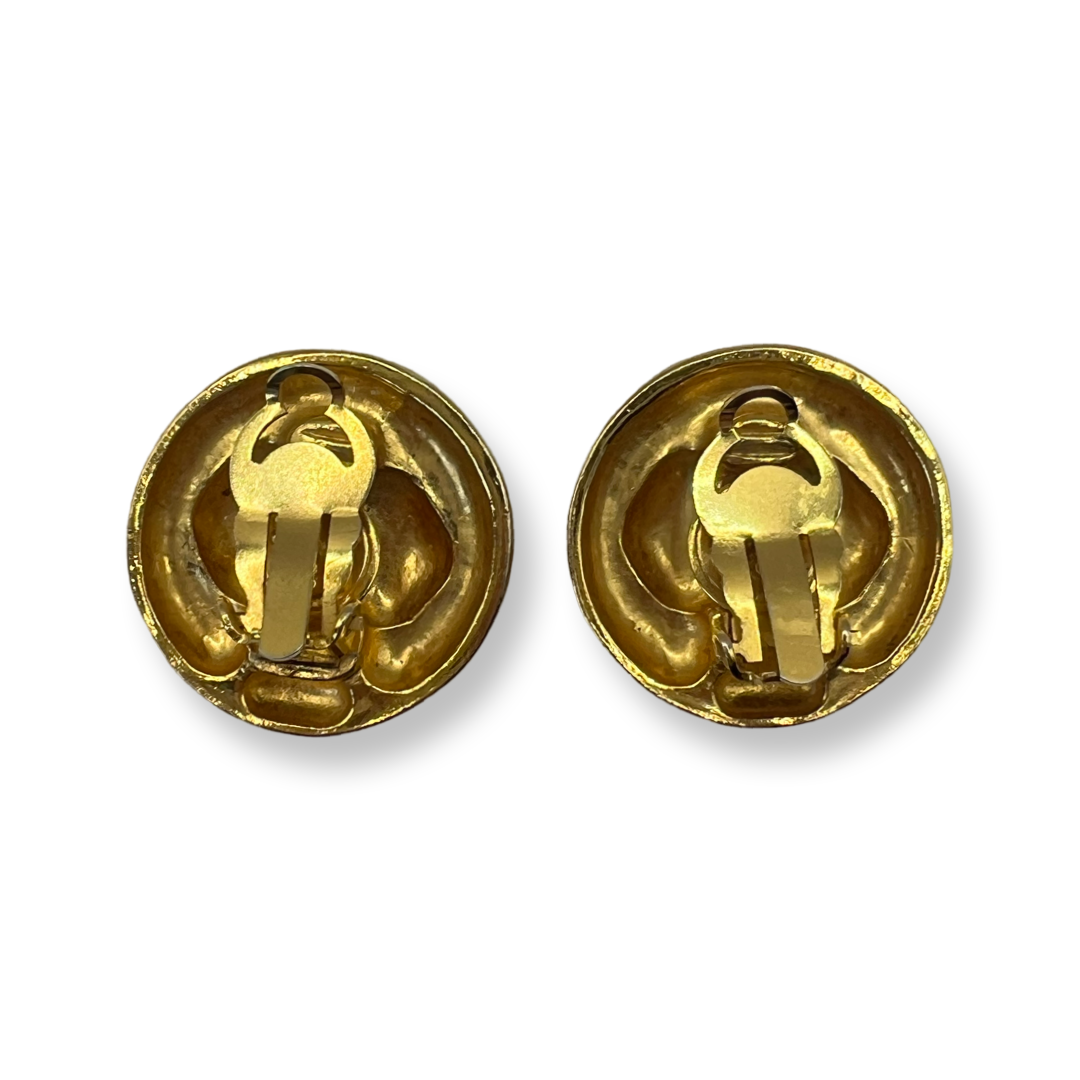 Vintage Chanel Gold Round Earrings with Diamond shaped rhinestone center