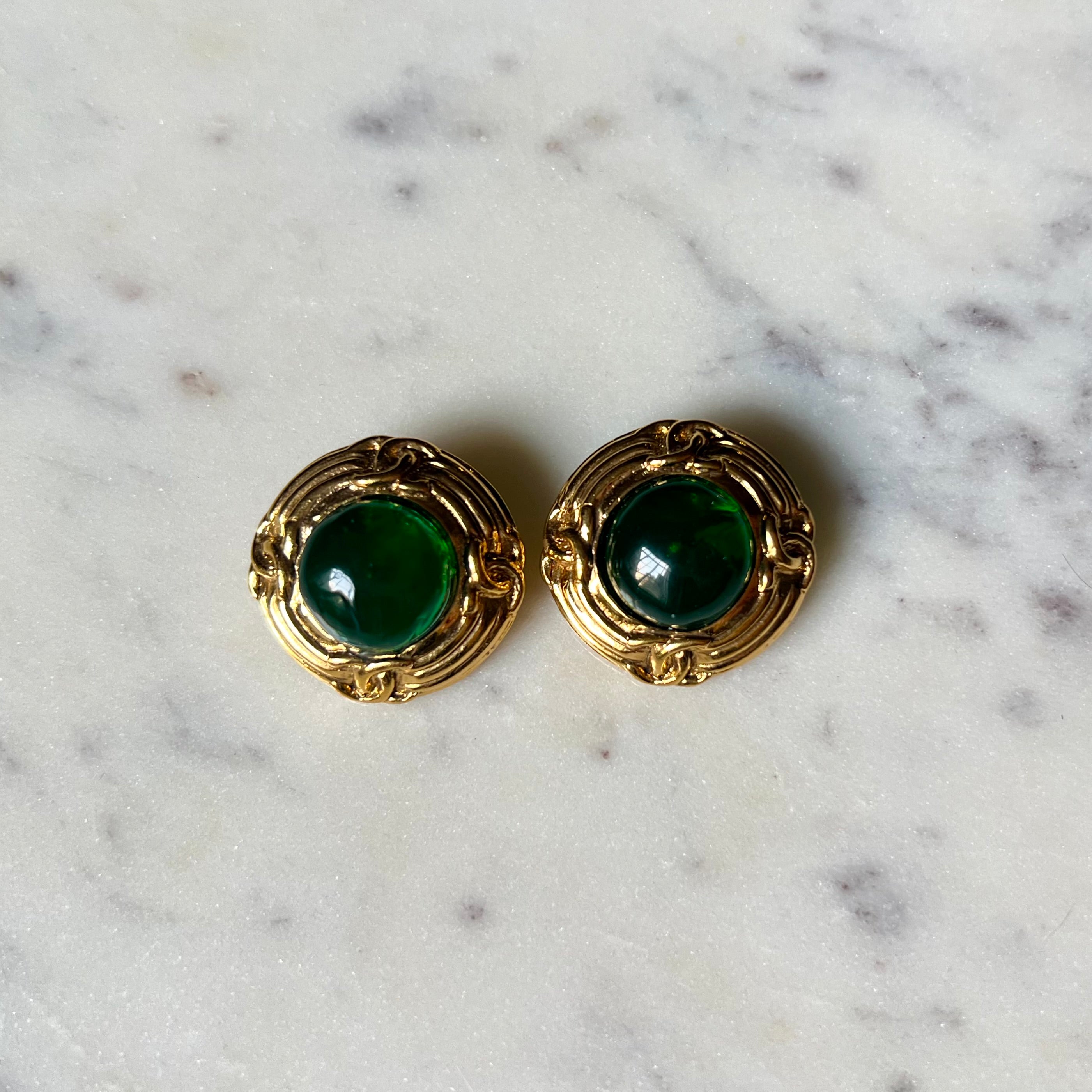 Vintage Chanel earrings green glass stone & gold gripoix collection authentic