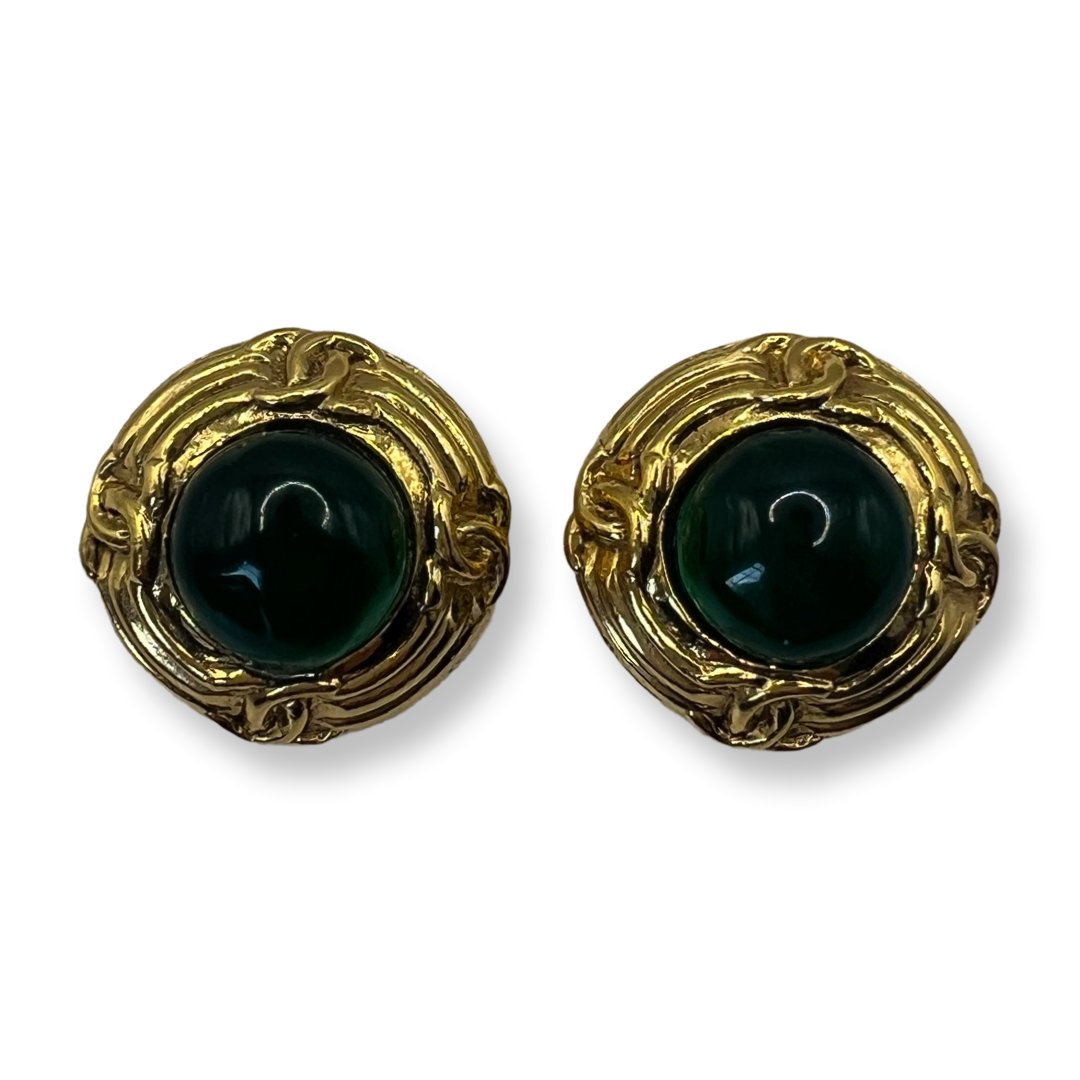Chanel vintage earrings coco mark gold and green stone